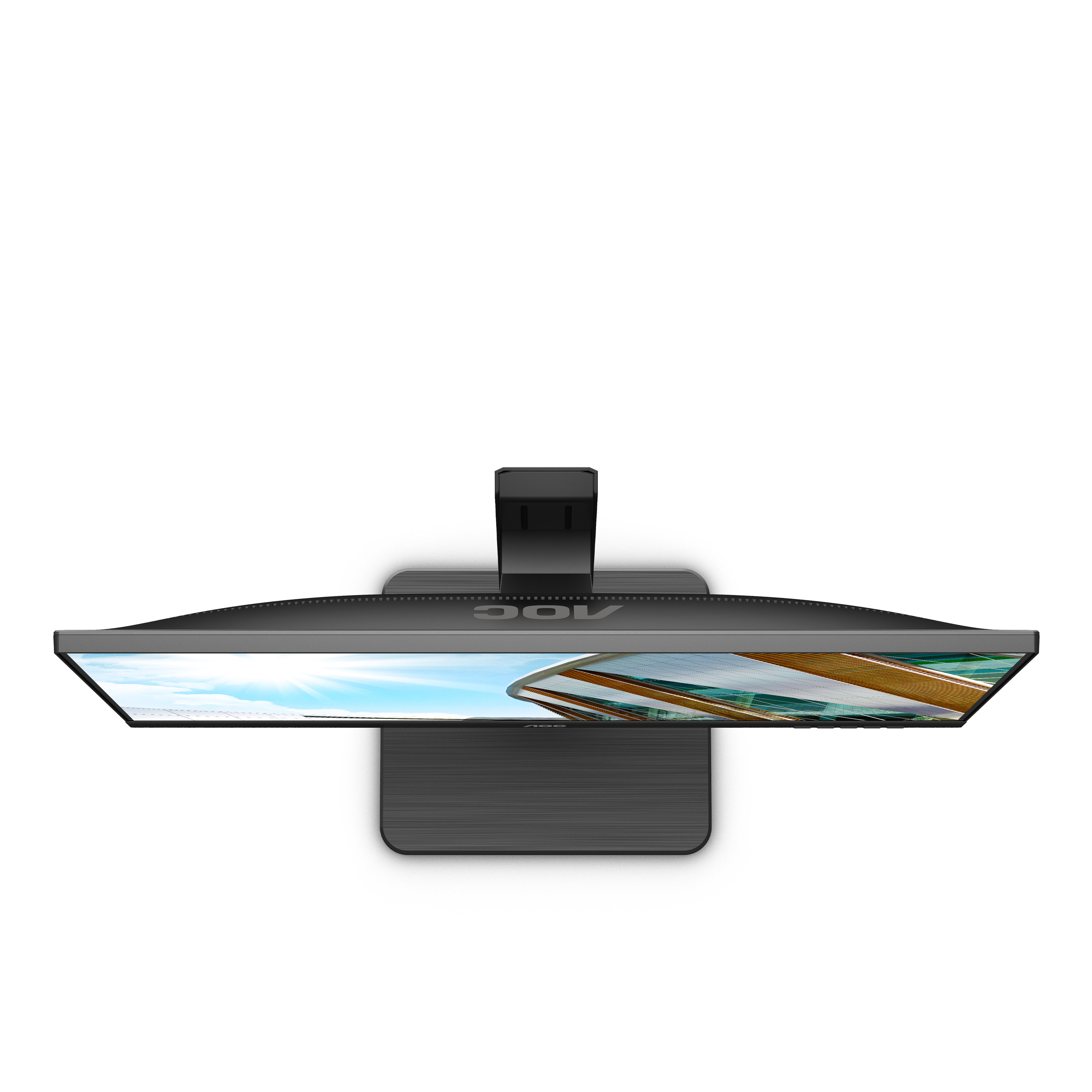 Widok z góry na monitor z czarną ramką i widokiem plaży na ekranie.