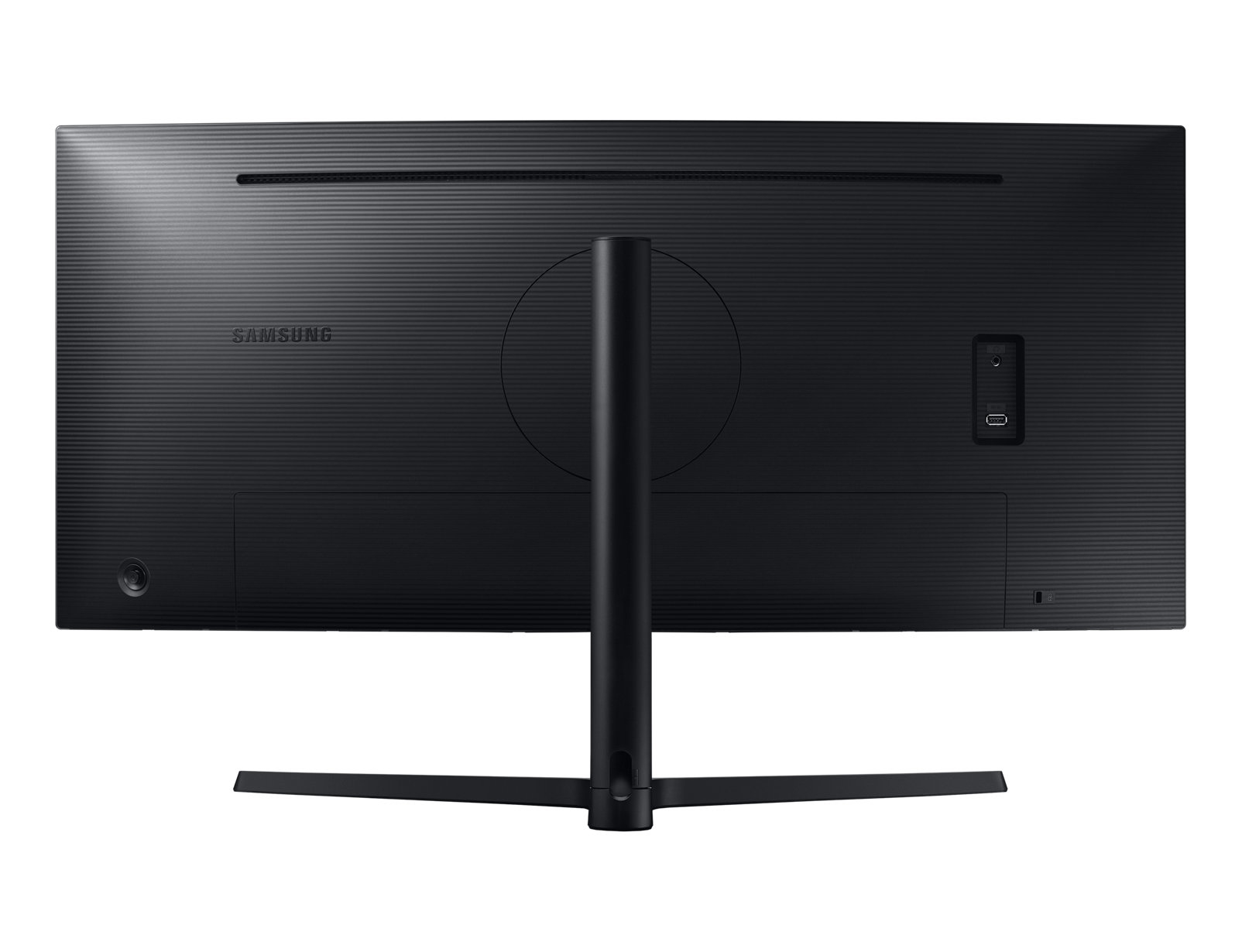 Vista trasera de un monitor Samsung negro con soporte. Tiene puertos y un logotipo de Samsung.