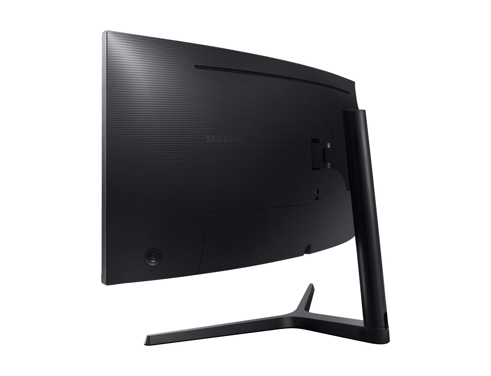 Parte trasera de monitor curvo negro. Logo Samsung, soporte negro y parte trasera curvada.
