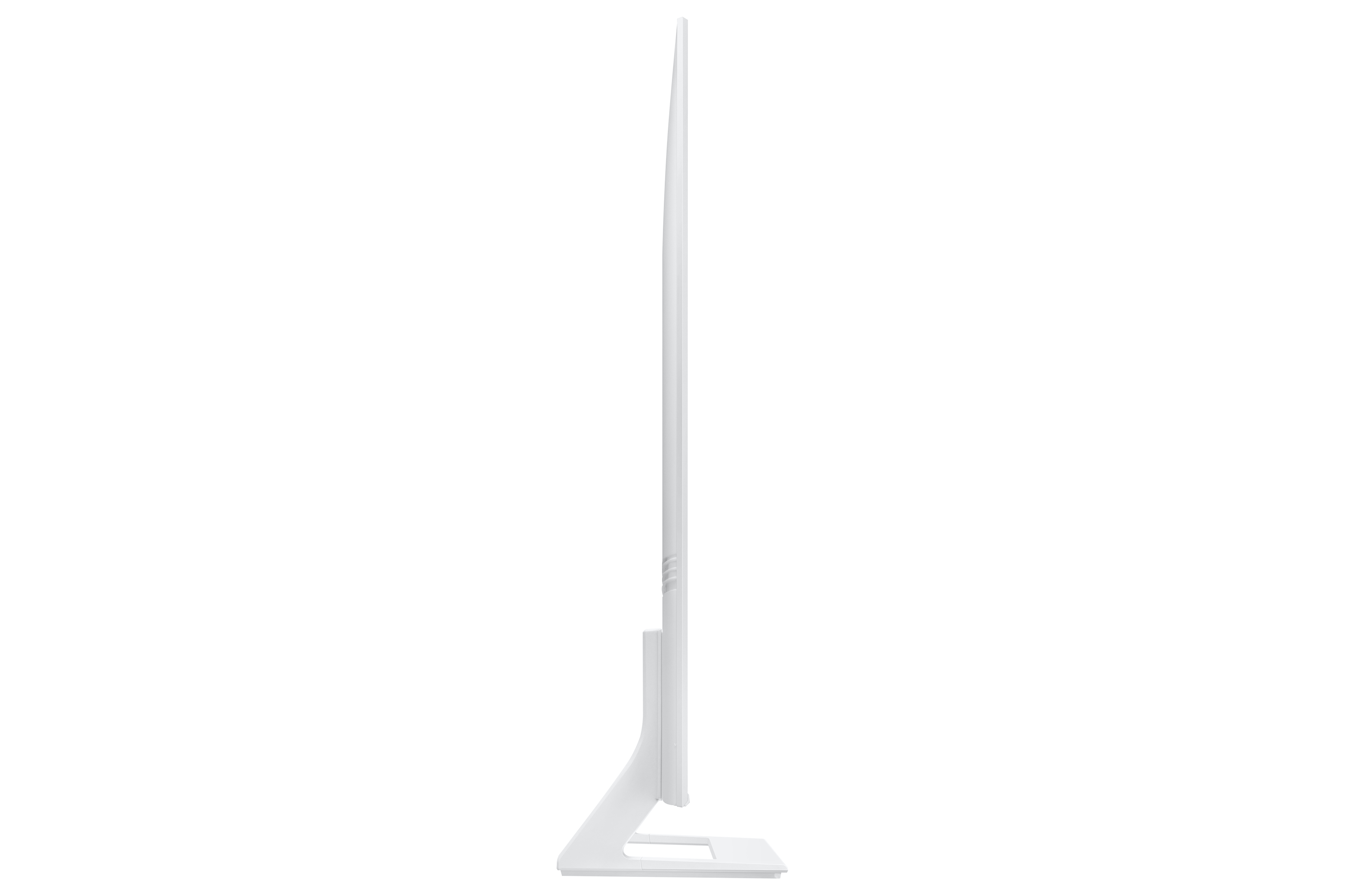 Widok z boku na biały telewizor, pokazujący jego smukły profil i podstawę, na białym tle.