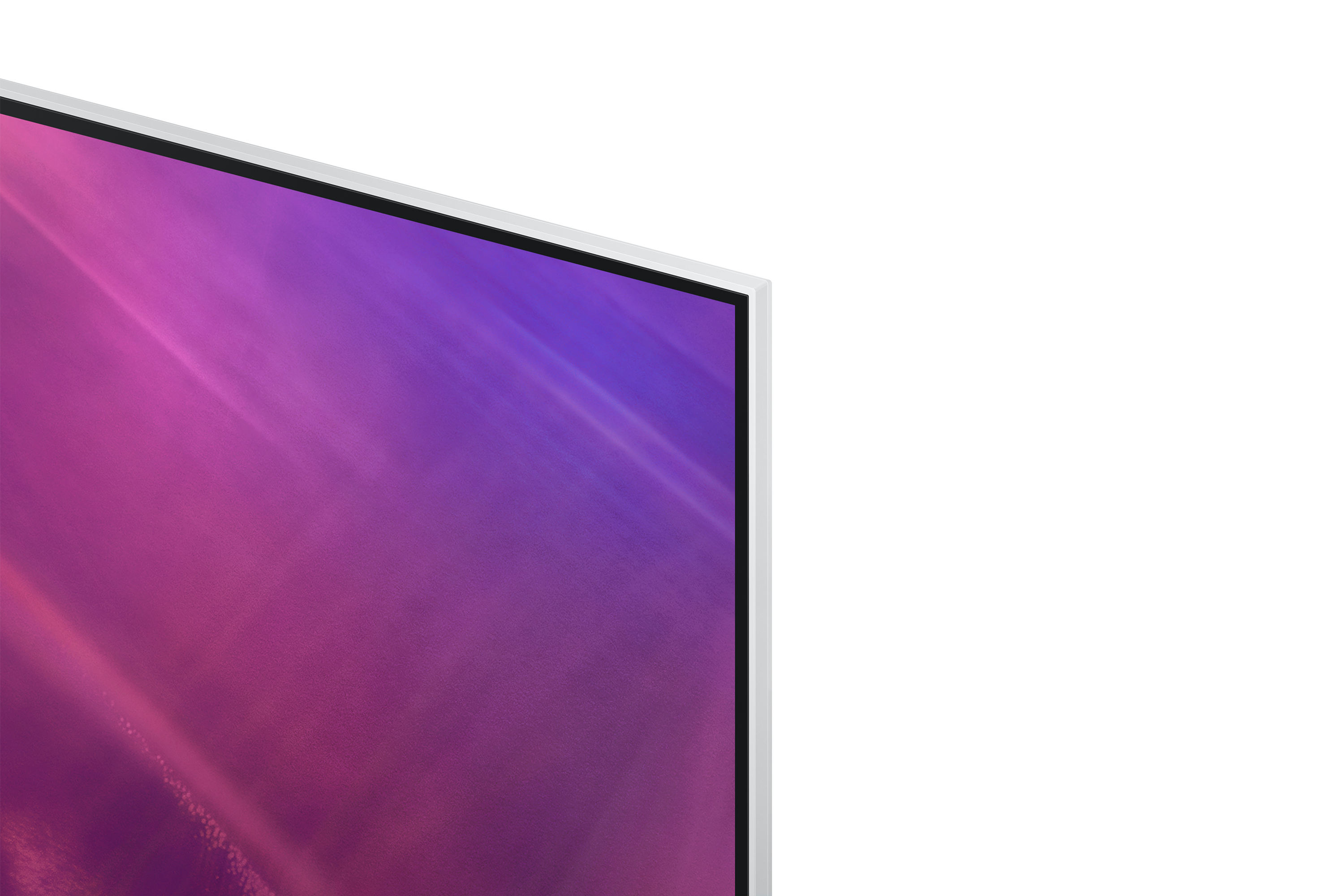 Zbliżenie monitora z fioletowym gradientem i srebrną ramką.