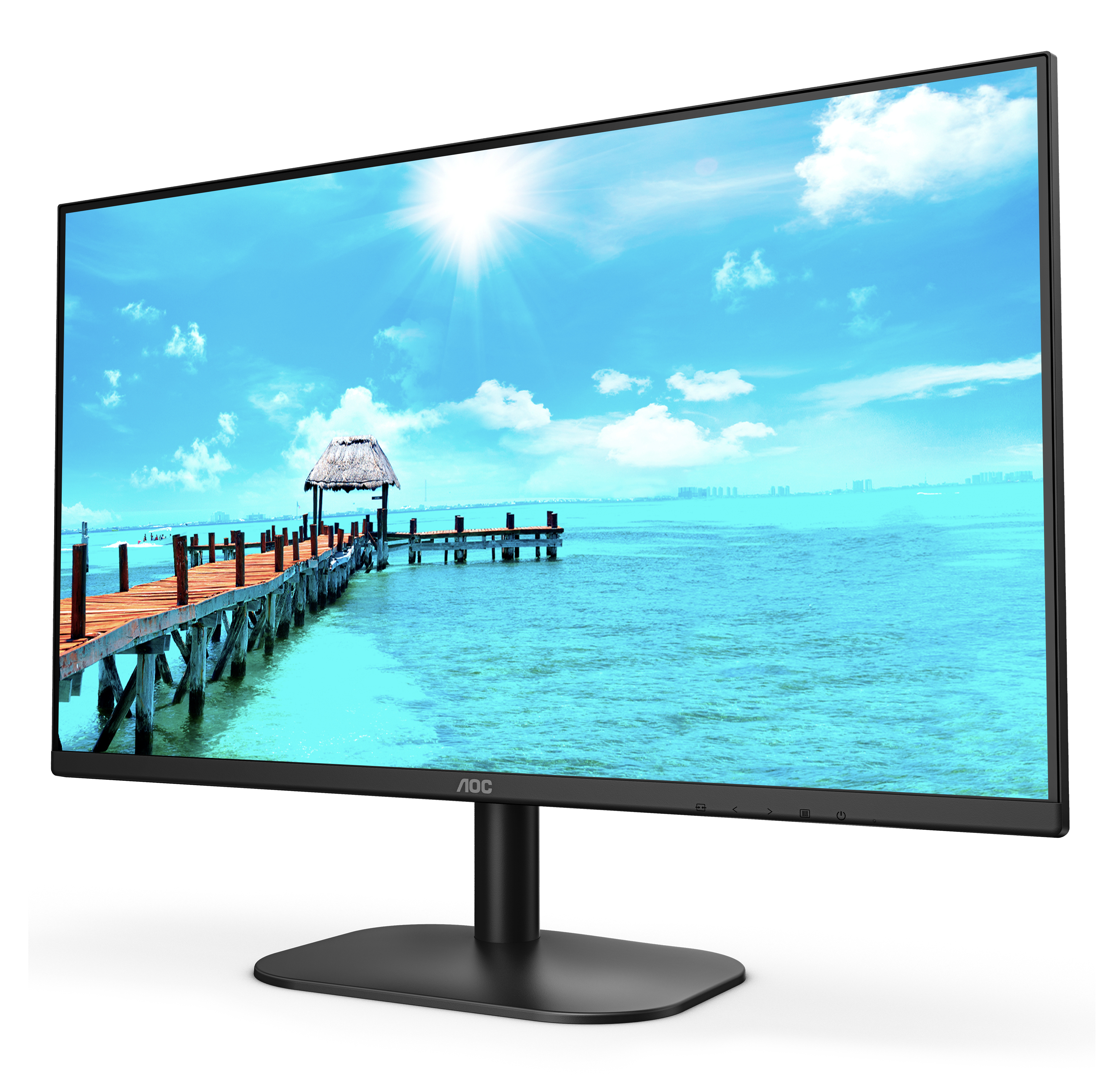 Monitor displays a beach scene with a pier and blue sky. The sun is bright.