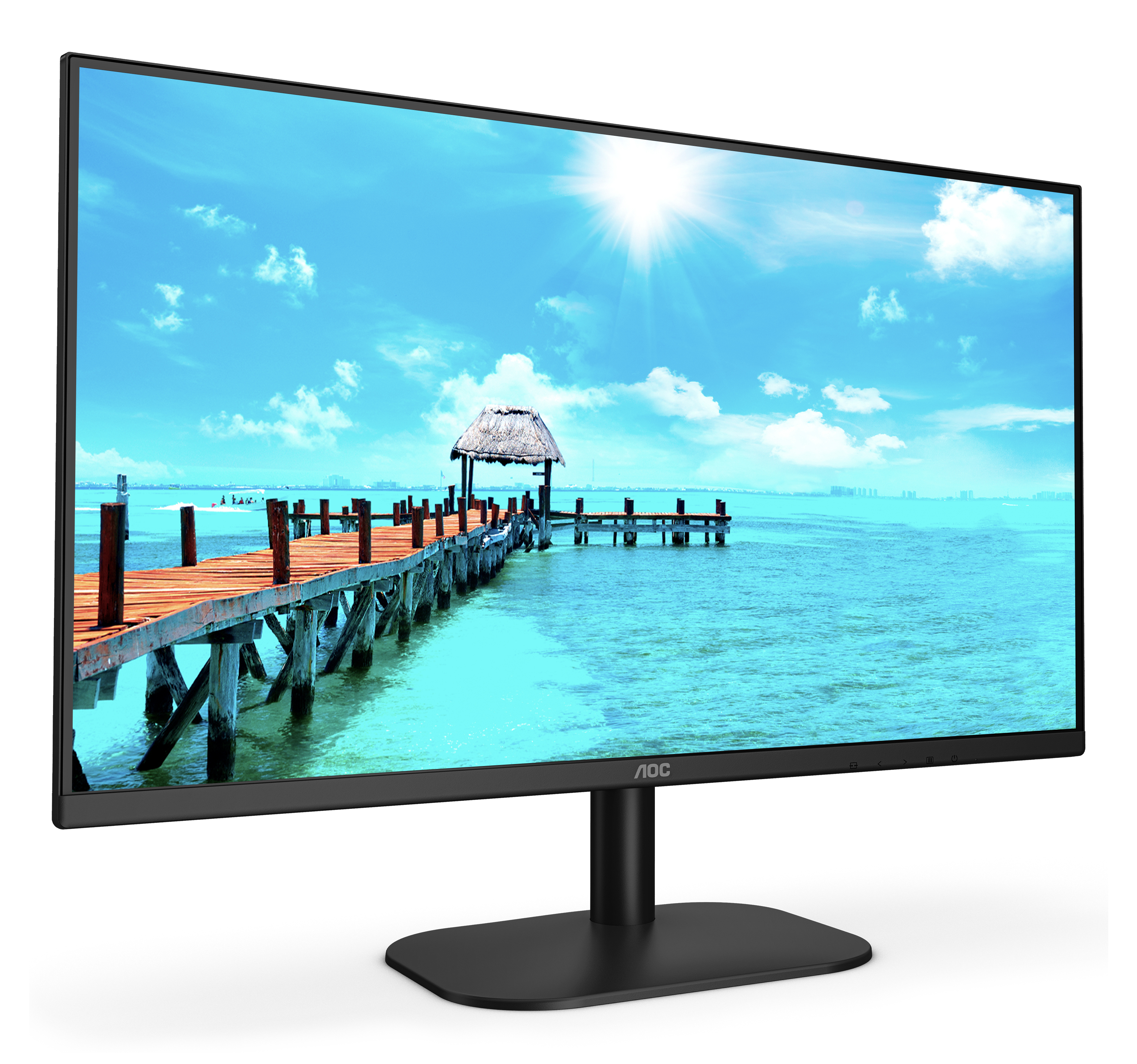 A black AOC monitor displaying a beach scene with a dock and blue sky.