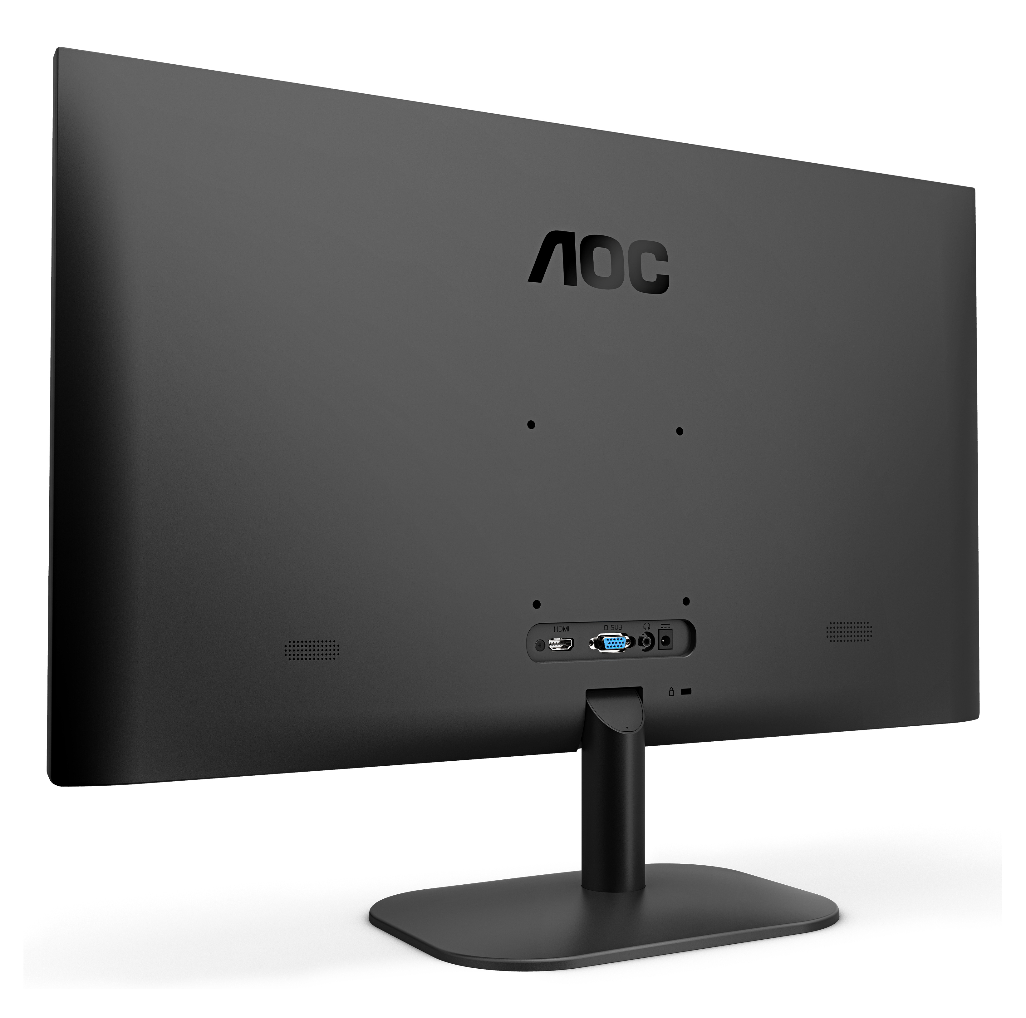Back of a black AOC monitor, showing ports and stand on a white surface.