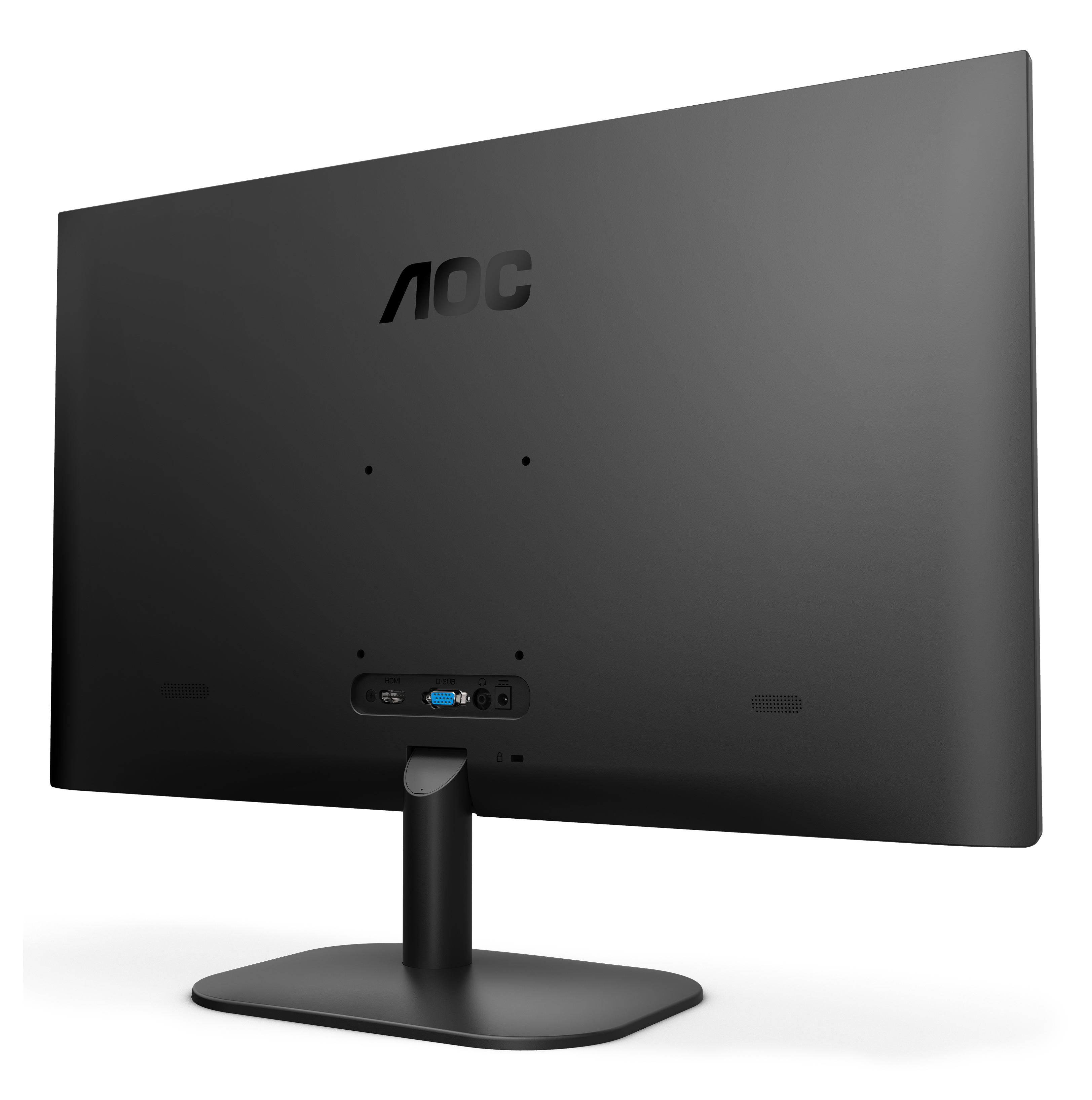 Back view of a black computer monitor with the brand name 'AOC', ports, and a stand.