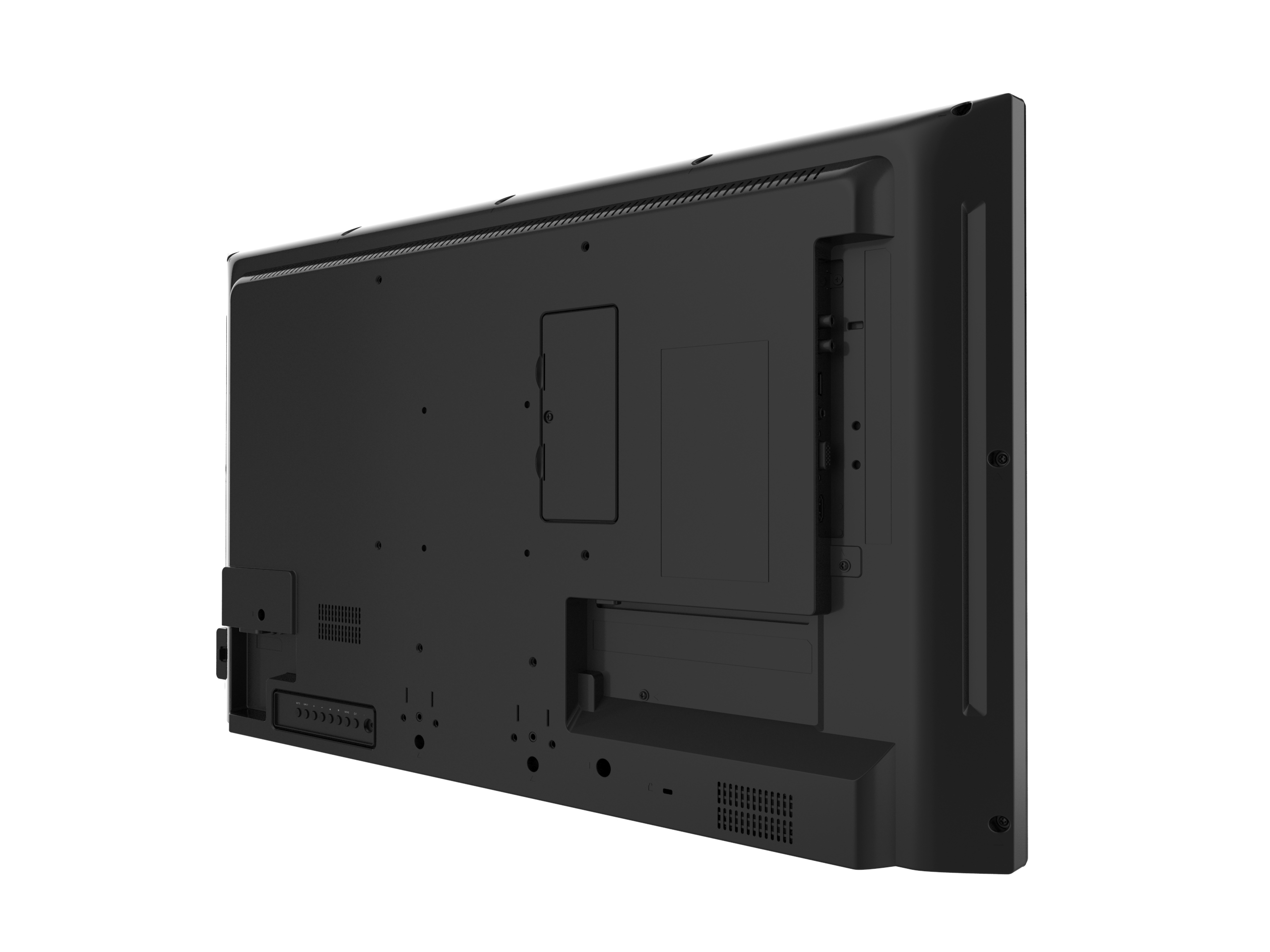 Czarny telewizor, widok z tyłu. Tył ma różne porty i otwory wentylacyjne na dole.