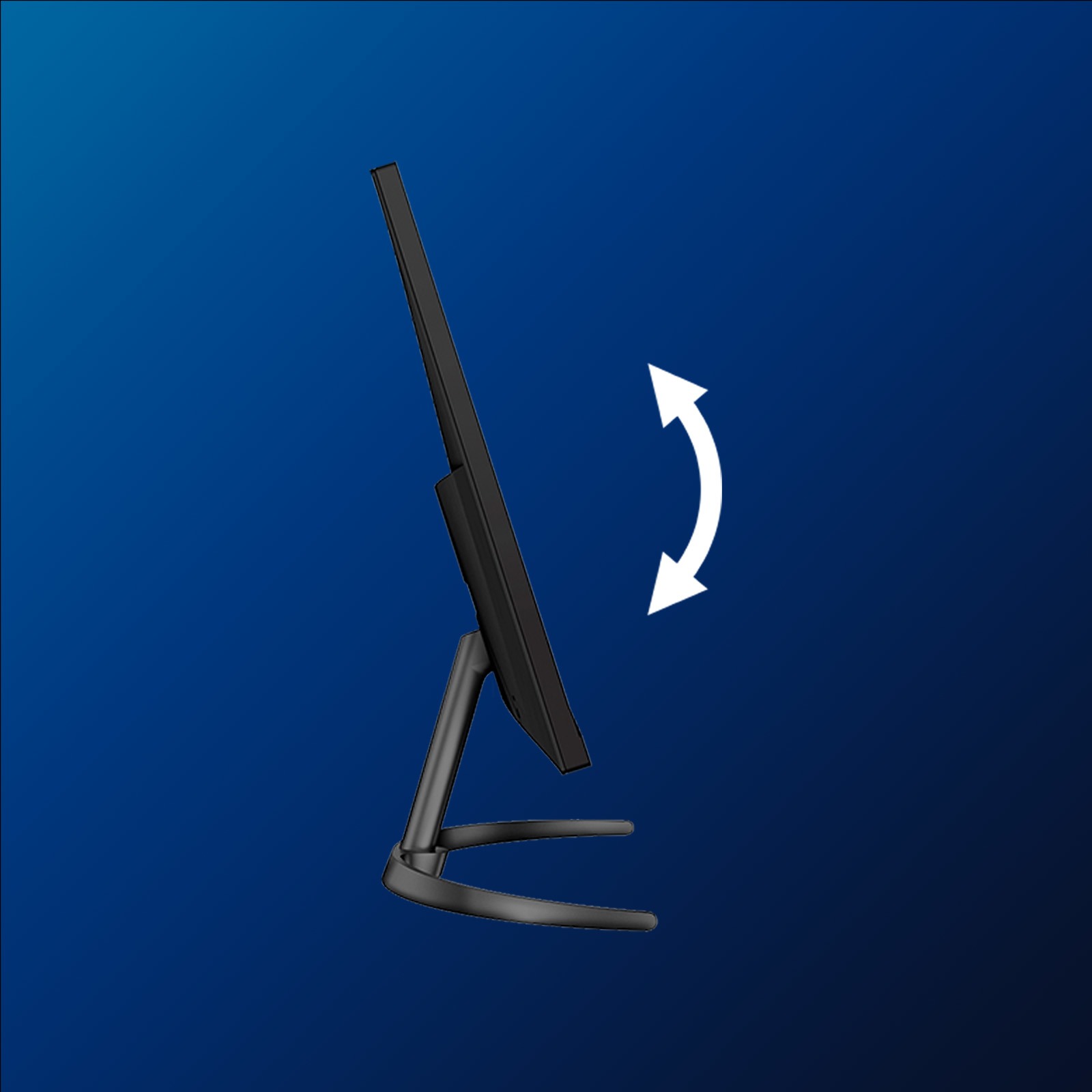 Un monitor per computer nero su sfondo blu. Una freccia bianca indica la regolazione dell'inclinazione.