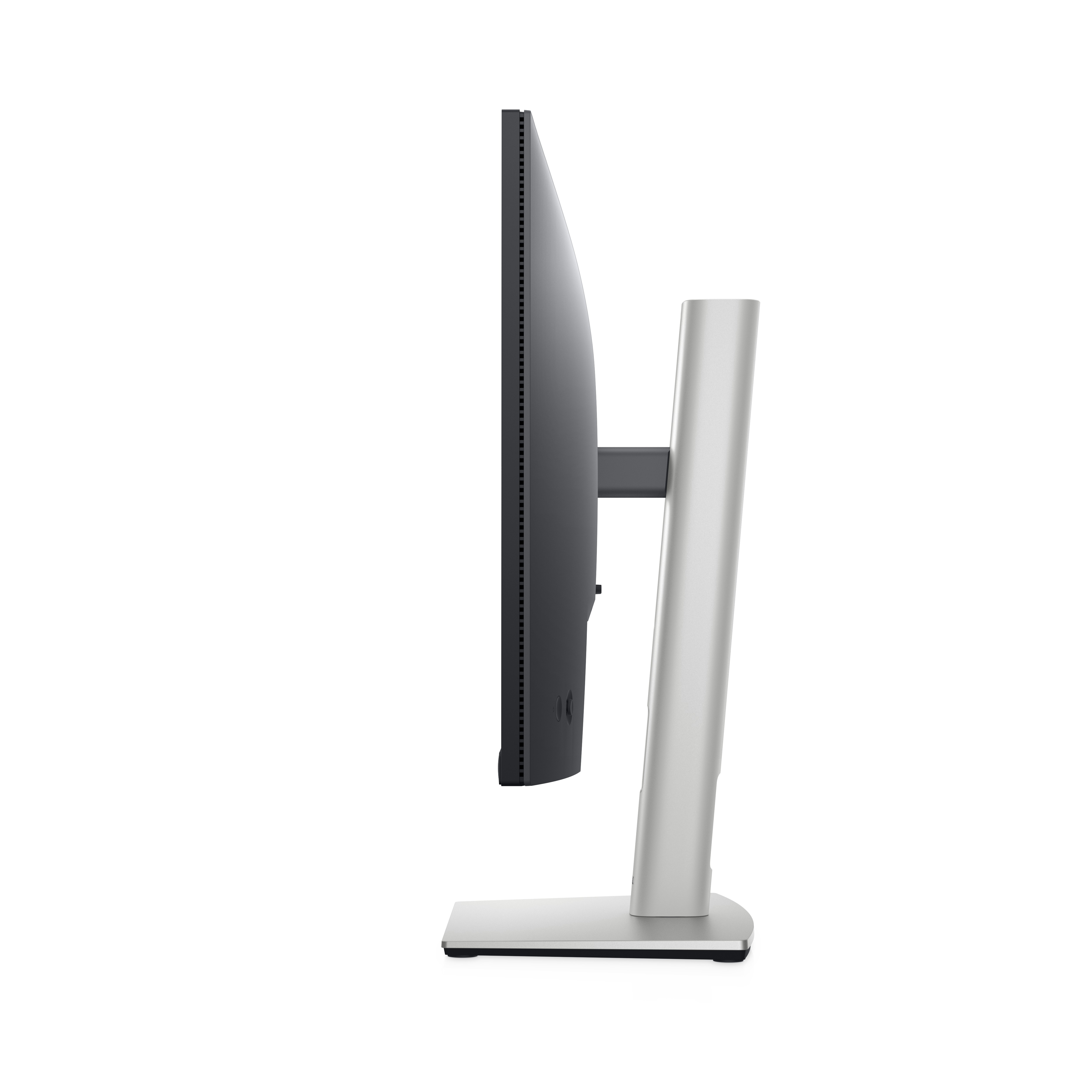 Monitor Dell, widok z boku, srebrna podstawa i czarny ekran, białe tło.