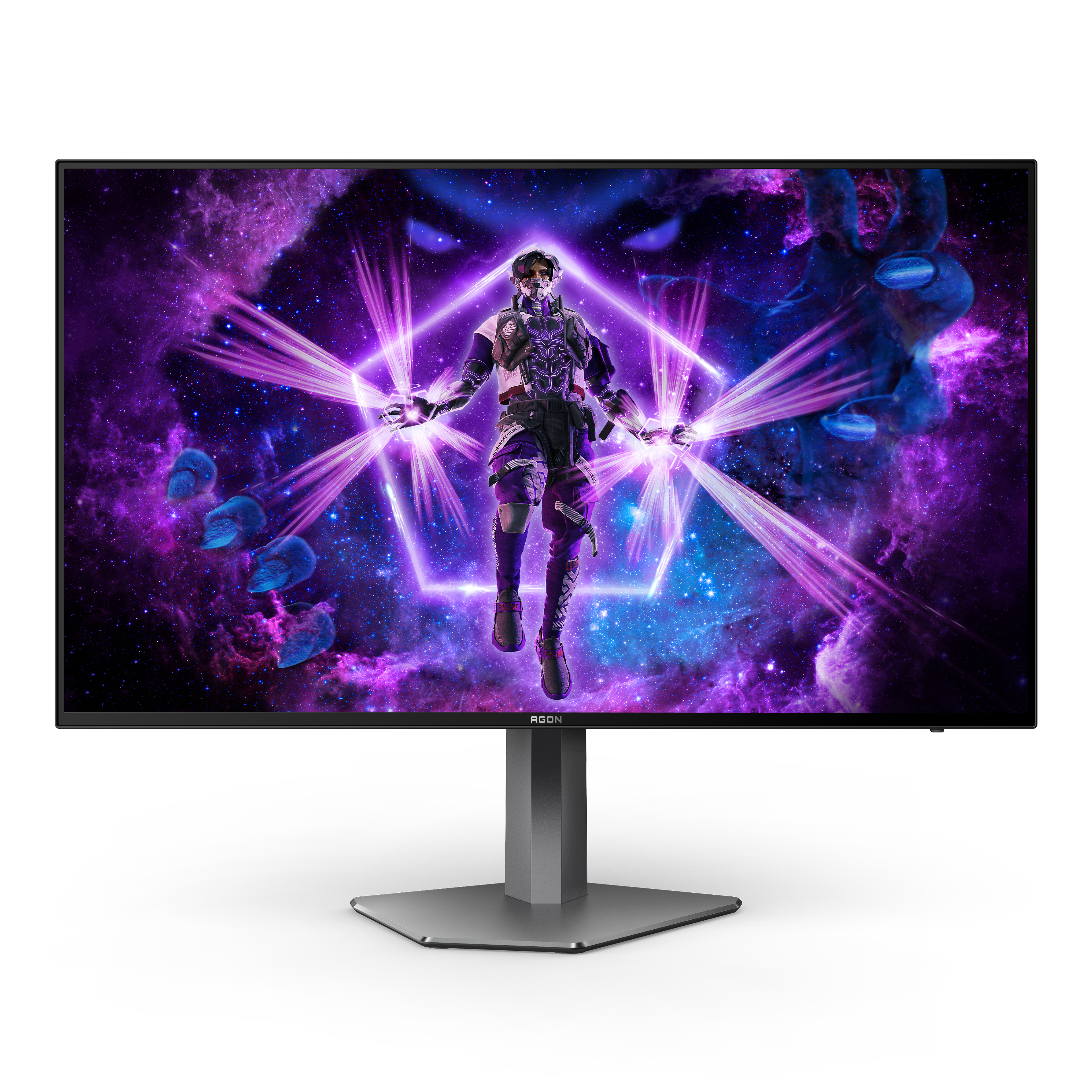 Un monitor mostra un personaggio futuristico con il viola.