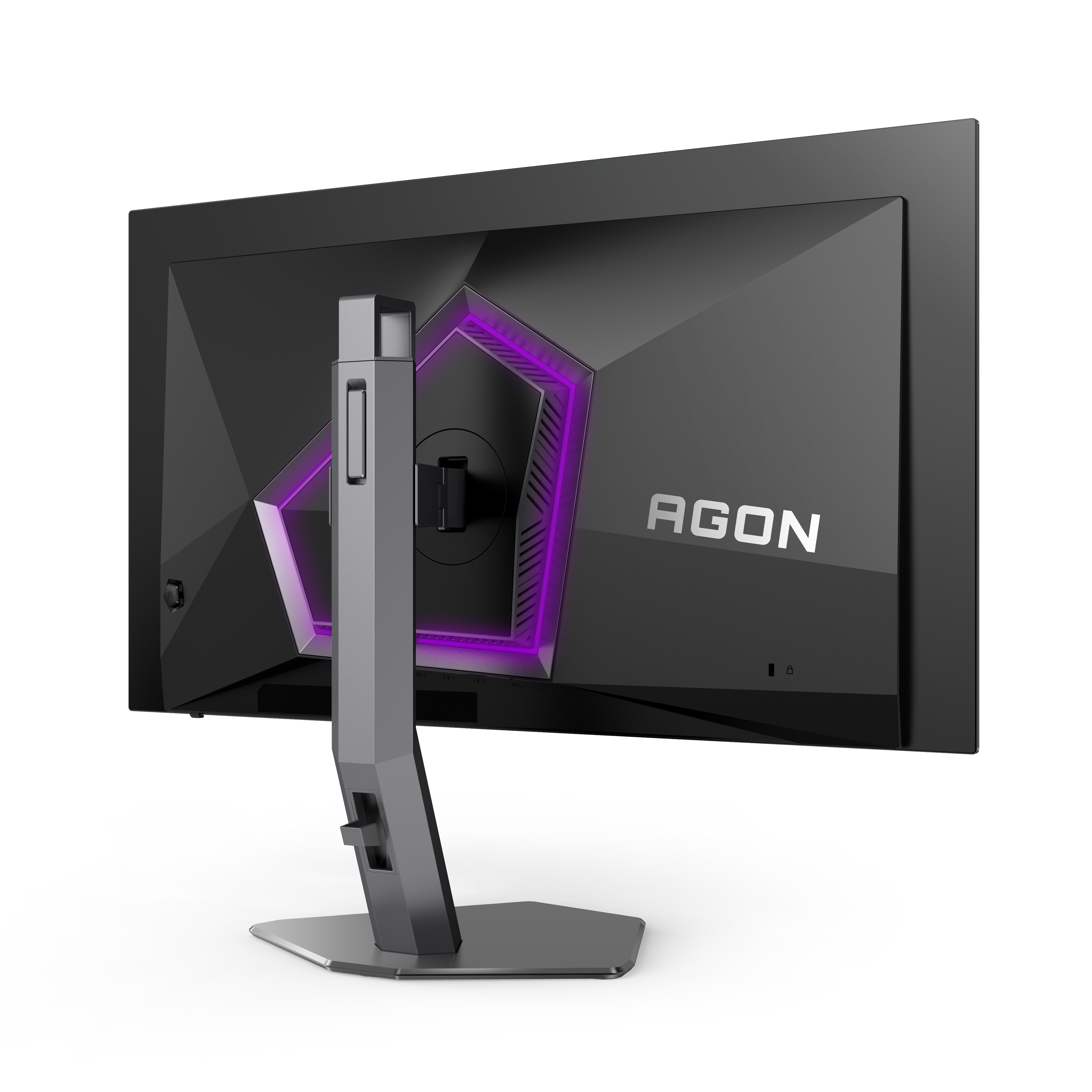 Retro di un monitor nero con logo AGON e supporto argentato con illuminazione viola.