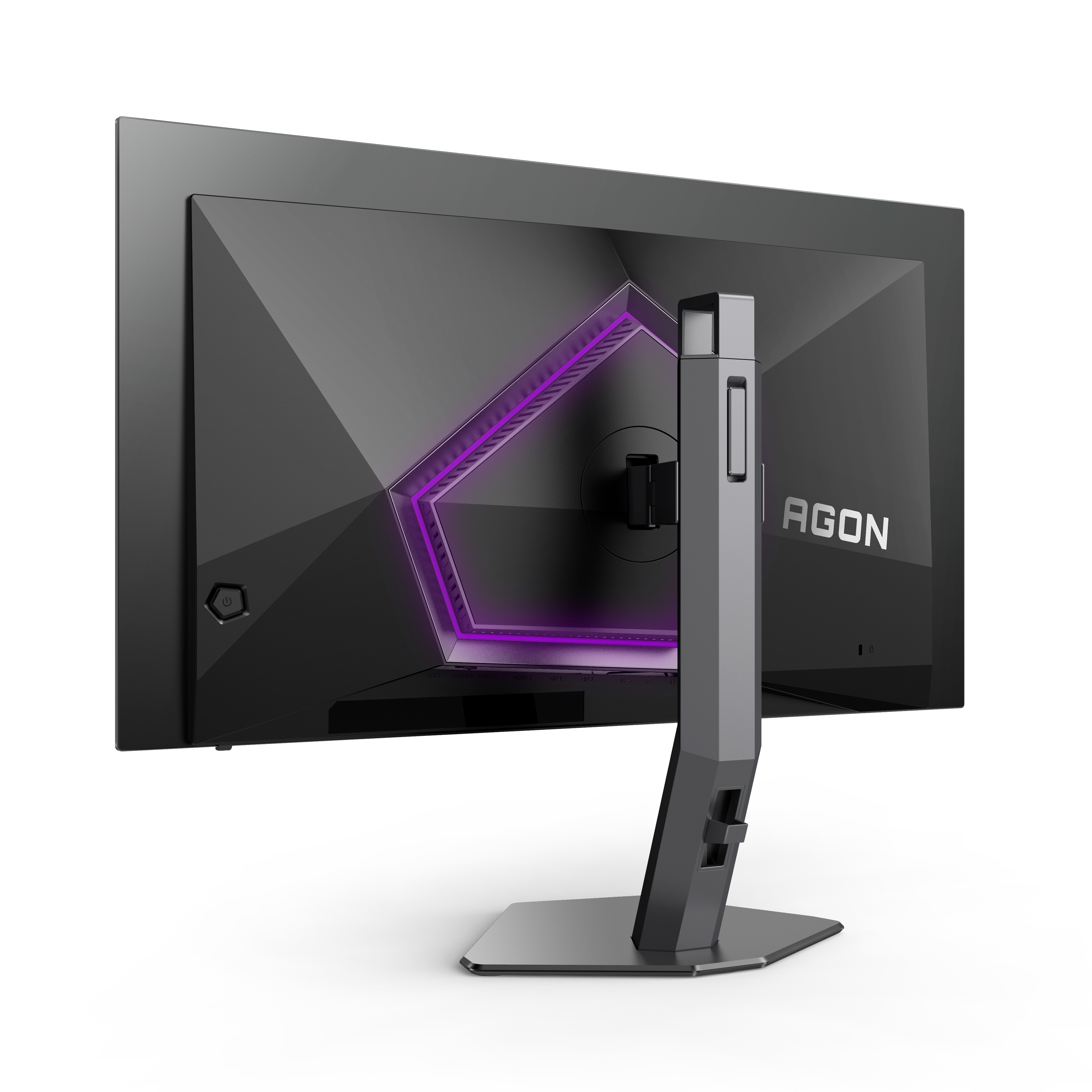 Vista posteriore di un monitor nero con luce viola e logo AGON.