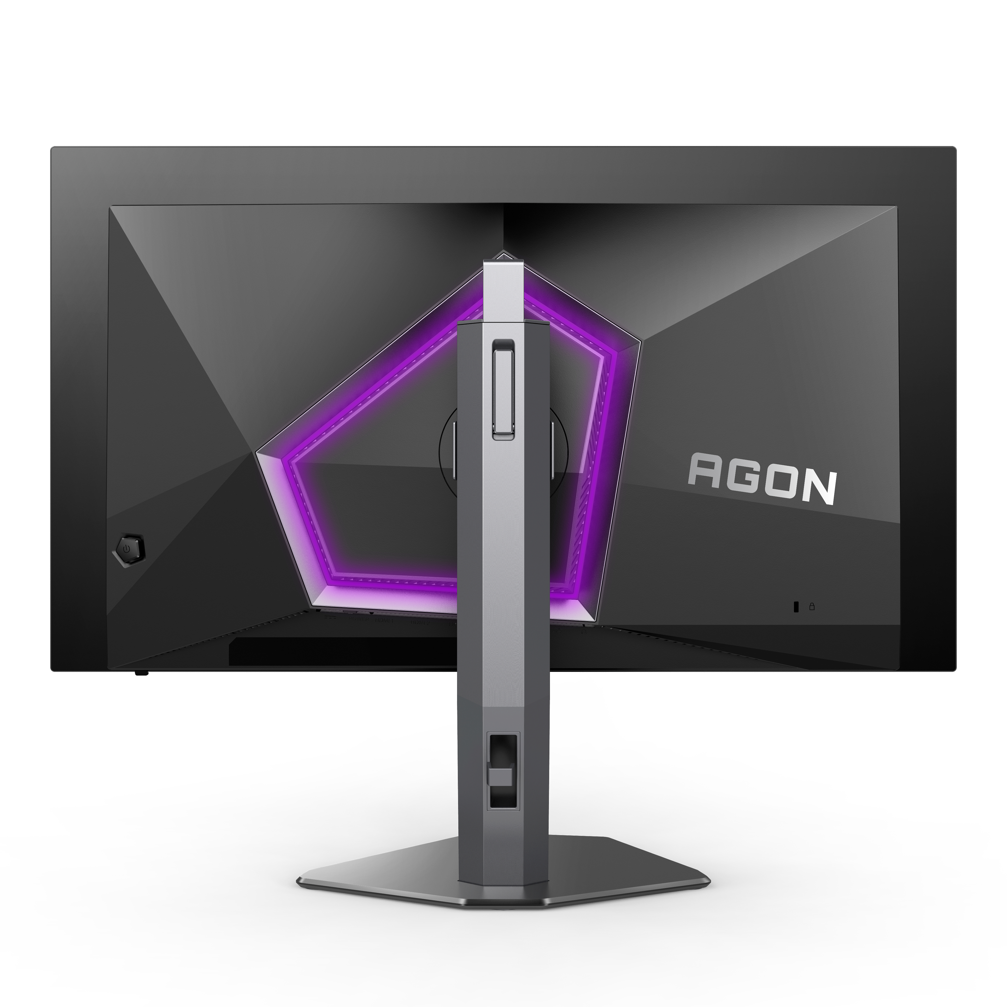 Il retro di un monitor nero con un design esagonale viola brillante.