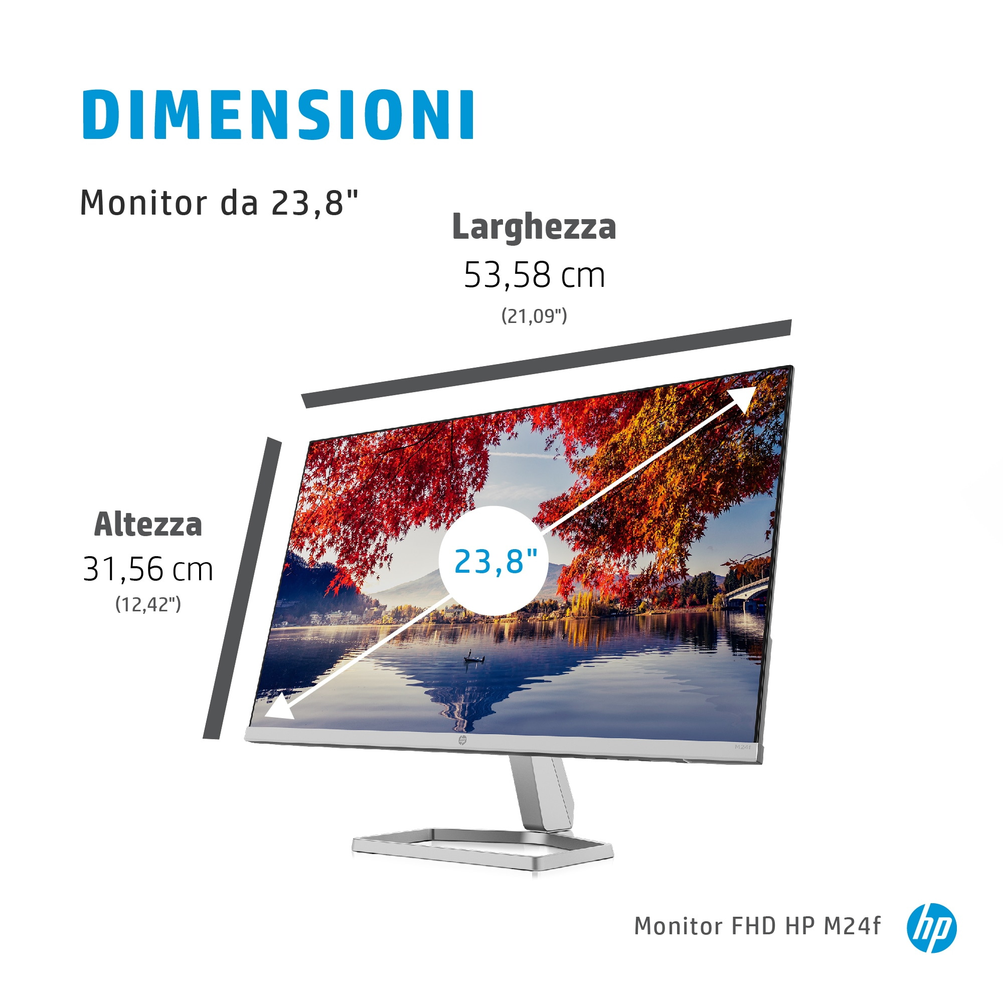 Dimensioni del monitor. Mostra un monitor con dimensioni etichettate. Sfondo bianco.