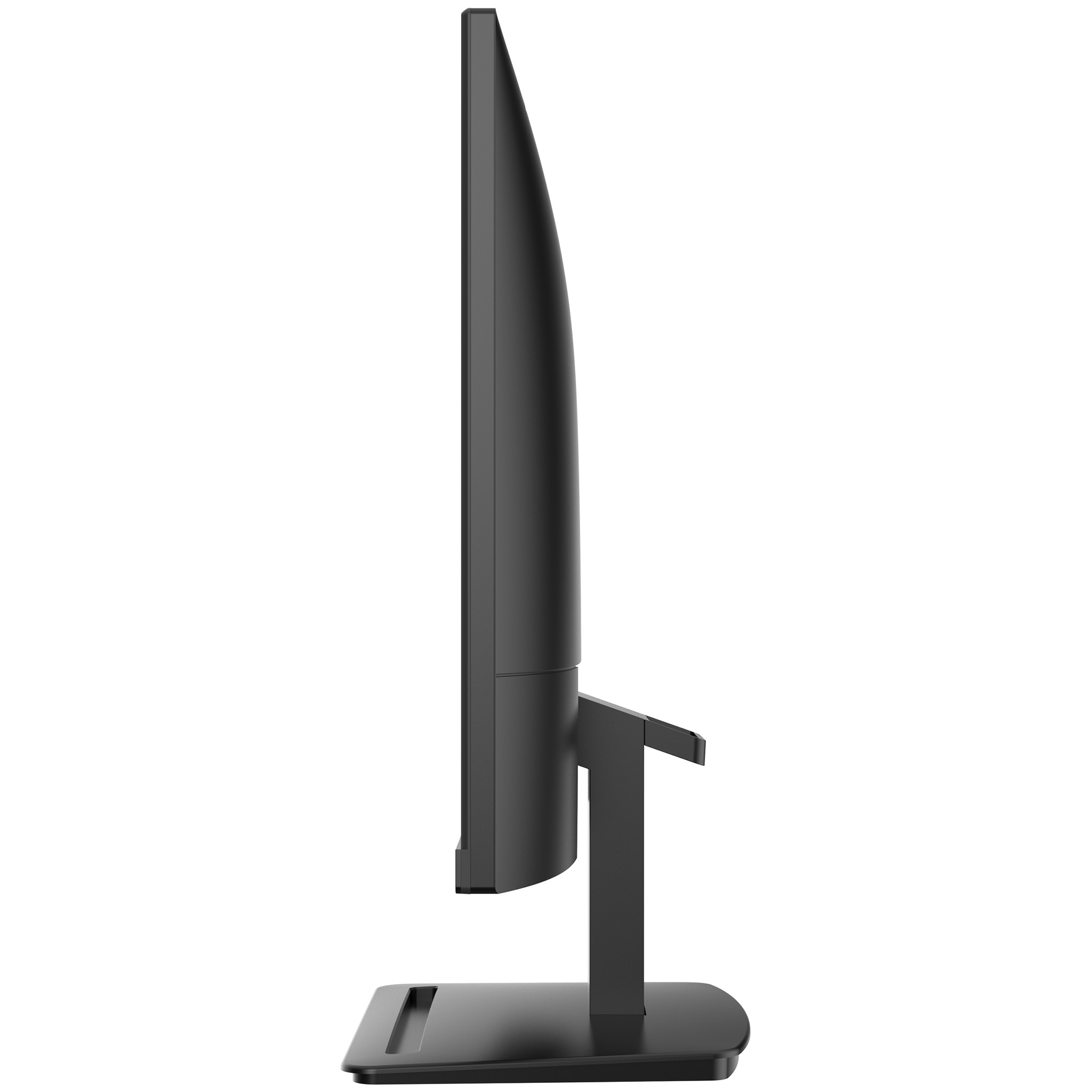 Widok z boku czarnego monitora. Ekran jest czarny. Podstawa również jest czarna.