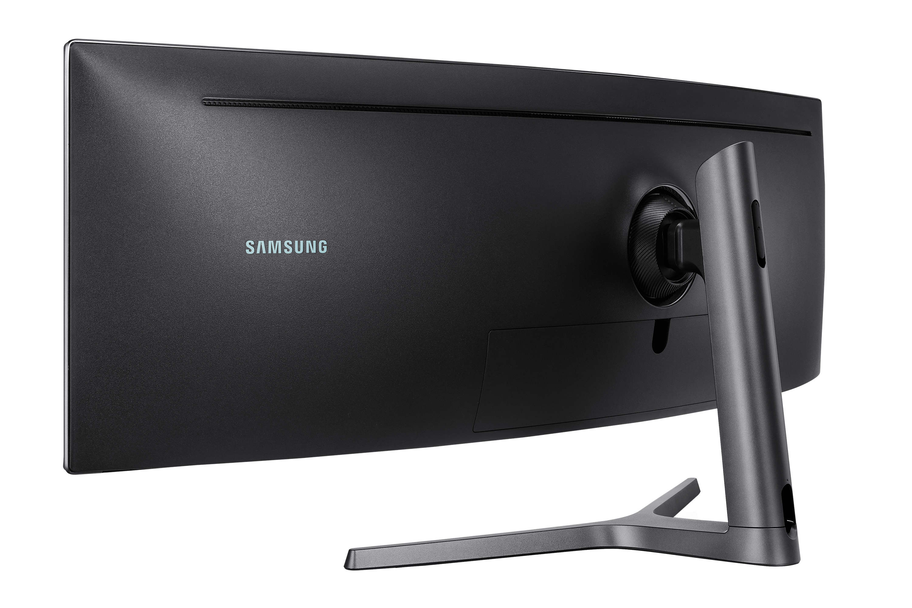 Vista posteriore di un monitor nero curvo. Logo Samsung visibile. Supporto argentato.