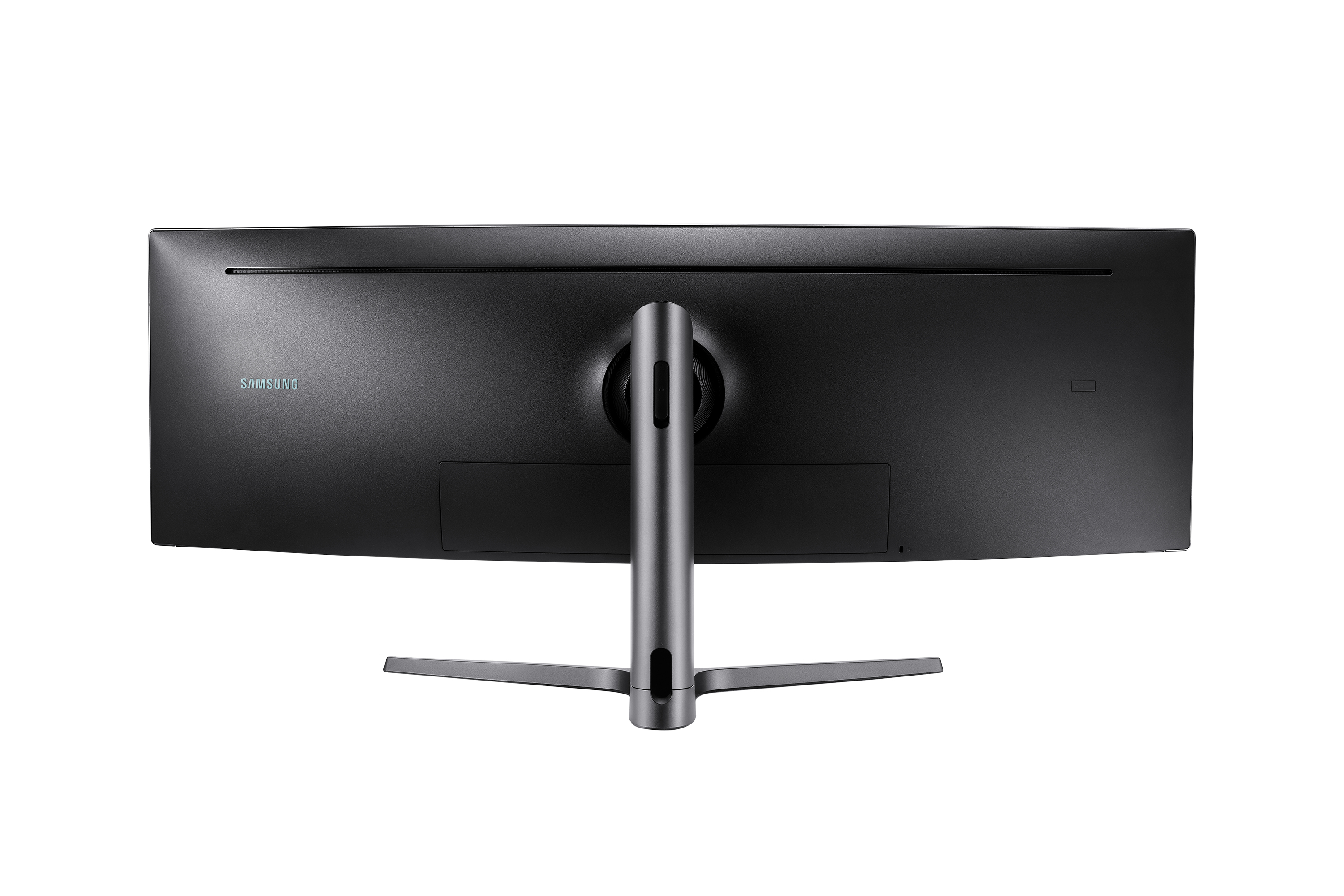 Vista posteriore di un monitor Samsung curvo con supporto. Caratterizzato da uno schermo curvo.