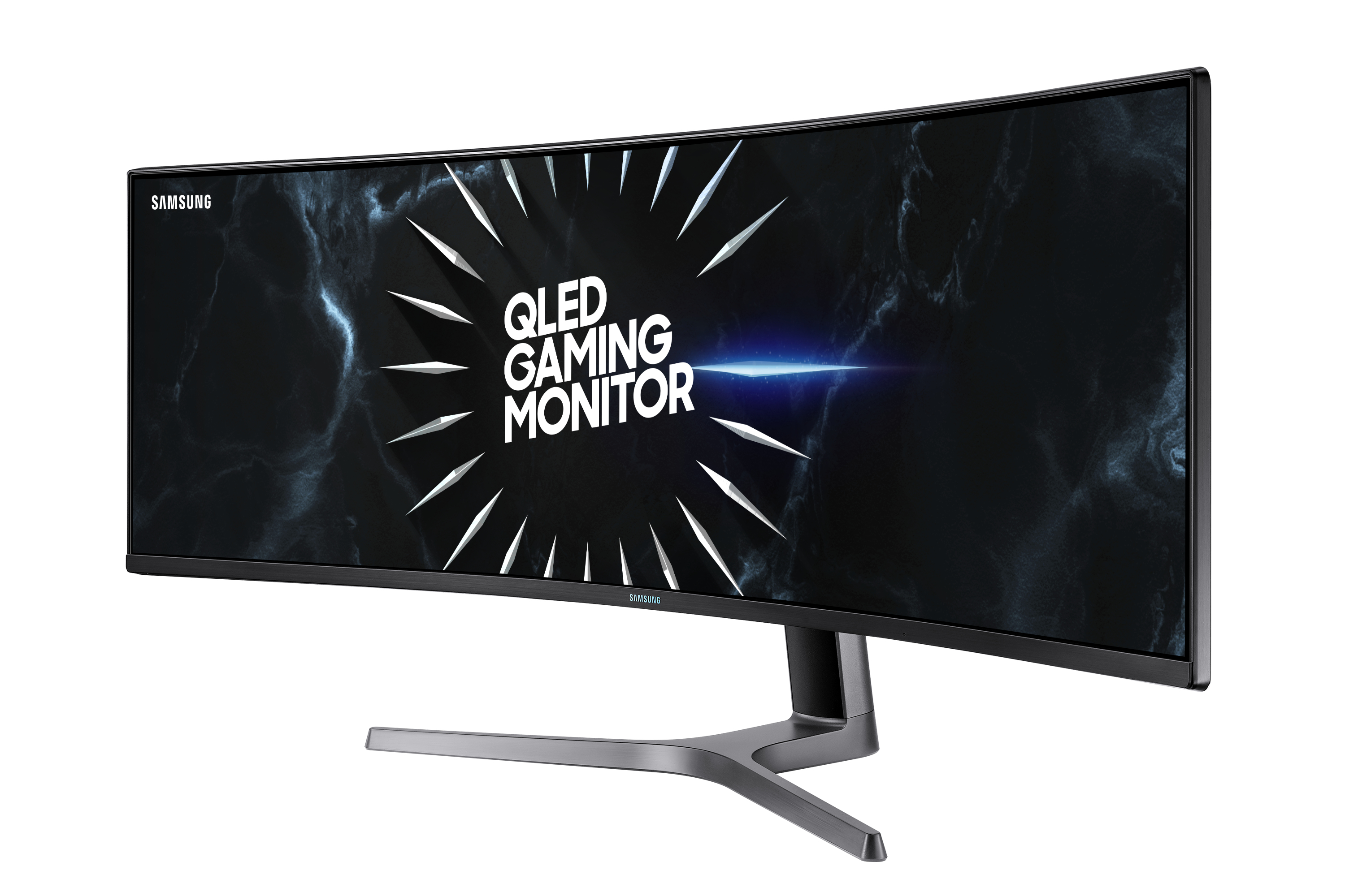 Monitor da gioco curvo con il logo QLED GAMING MONITOR e uno sfondo scuro, simile al marmo.