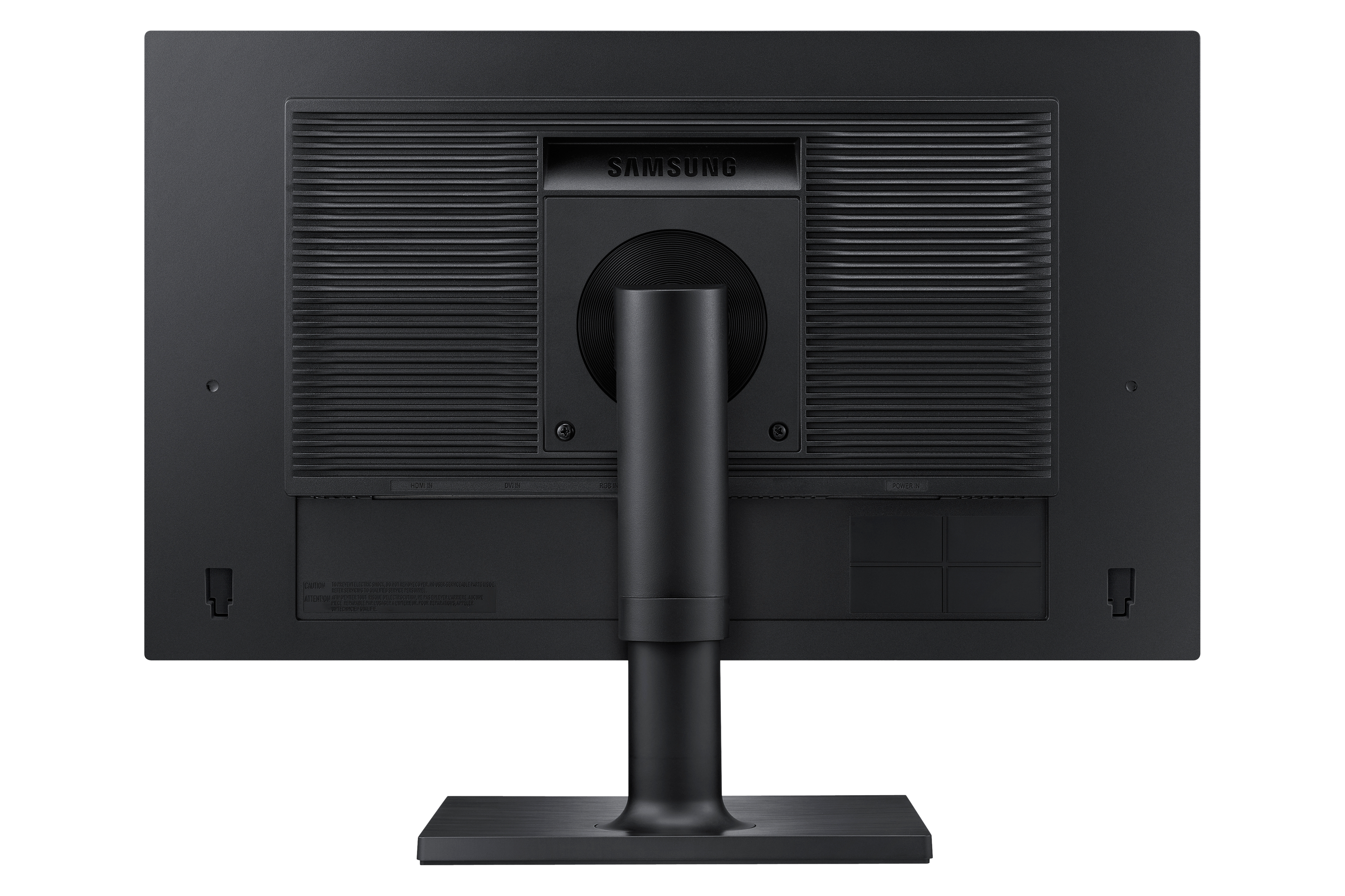 Vista posteriore del monitor Samsung nero, con prese d'aria e supporto.
