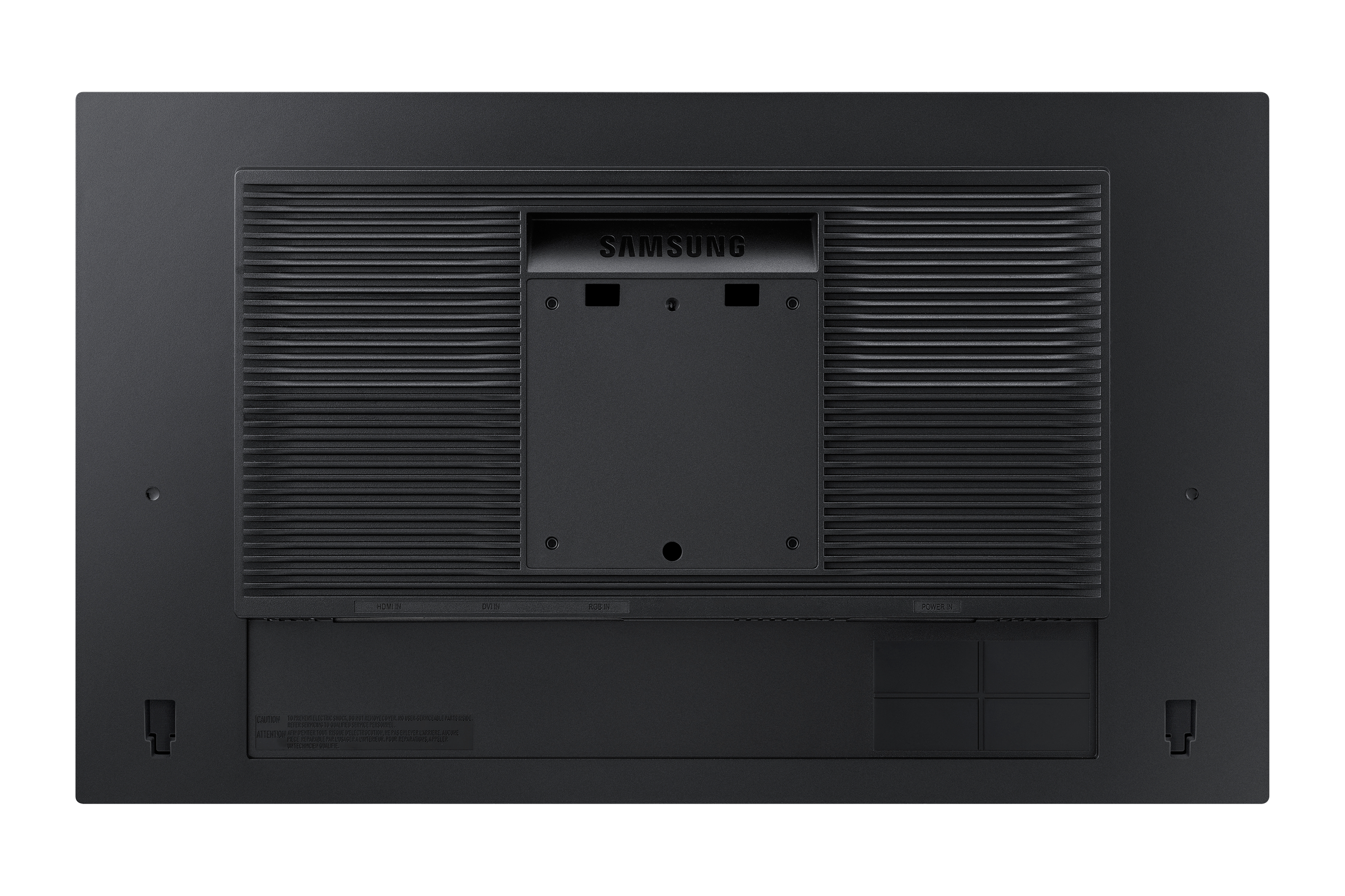 Retro di un TV Samsung nero. Griglie di ventilazione e staffa di montaggio visibili.