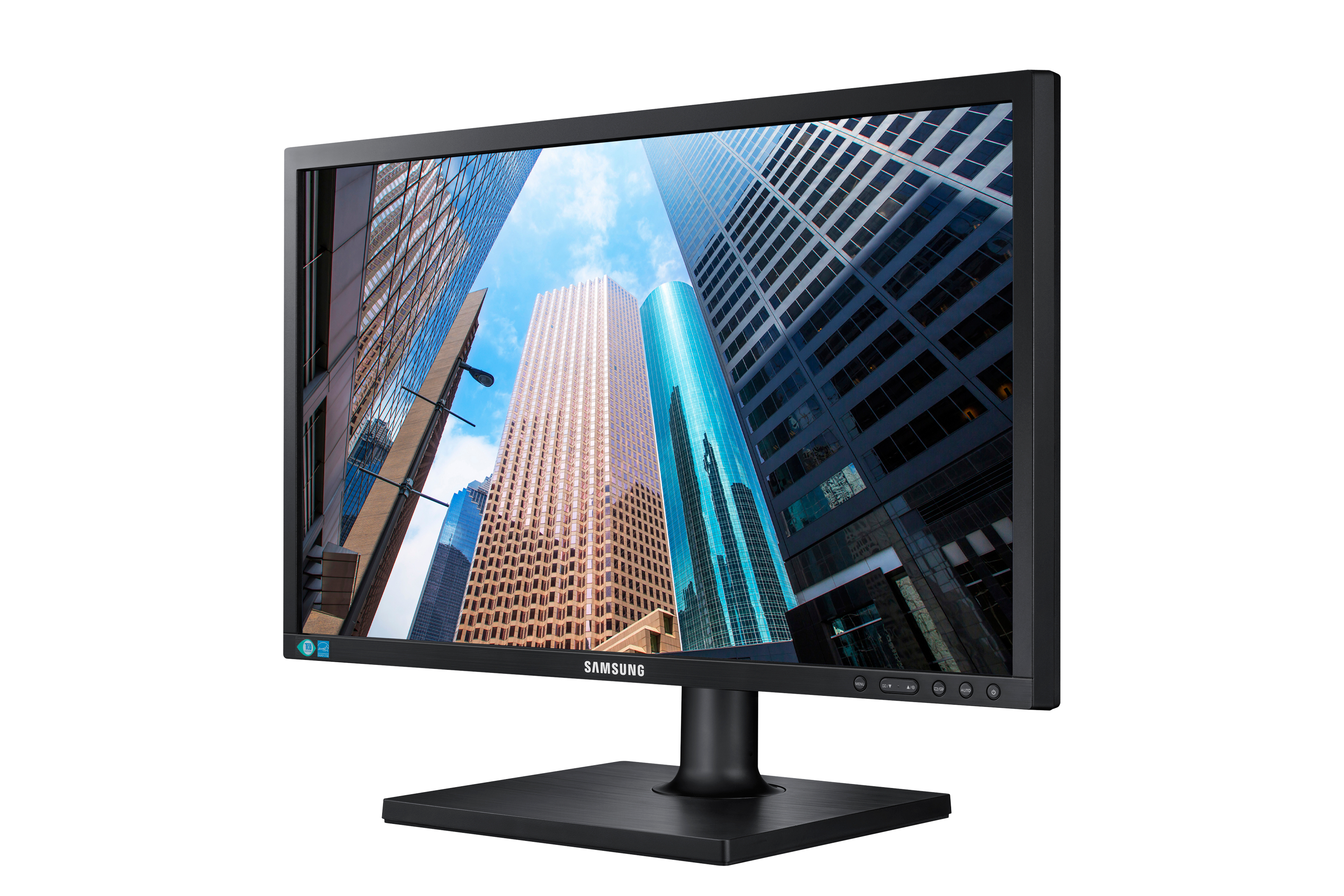 Monitor Samsung nero, angolato, che mostra edifici della città. Ha base e cornice nere.