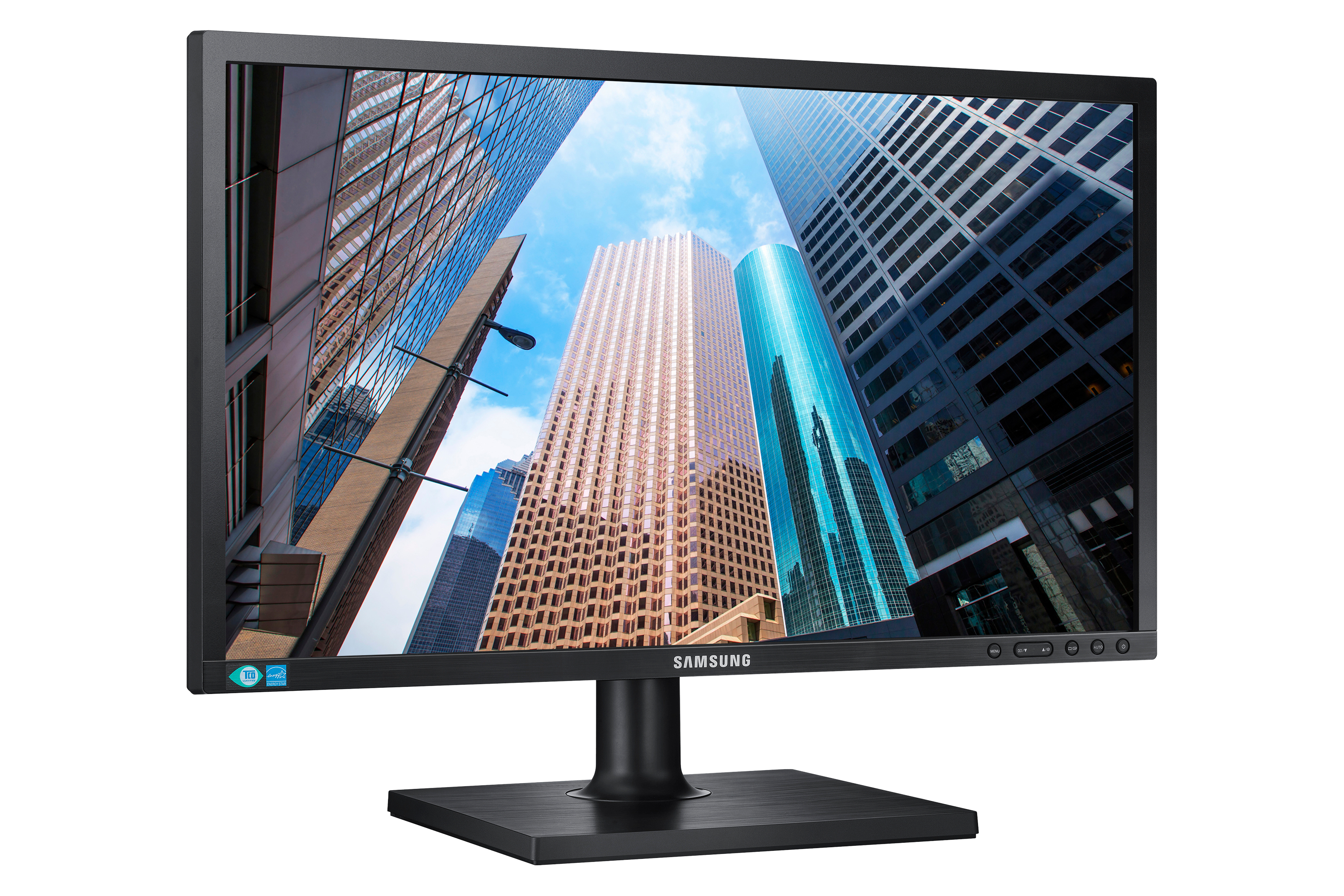 Il monitor Samsung nero mostra edifici urbani. Lo schermo riflette un cielo blu brillante.