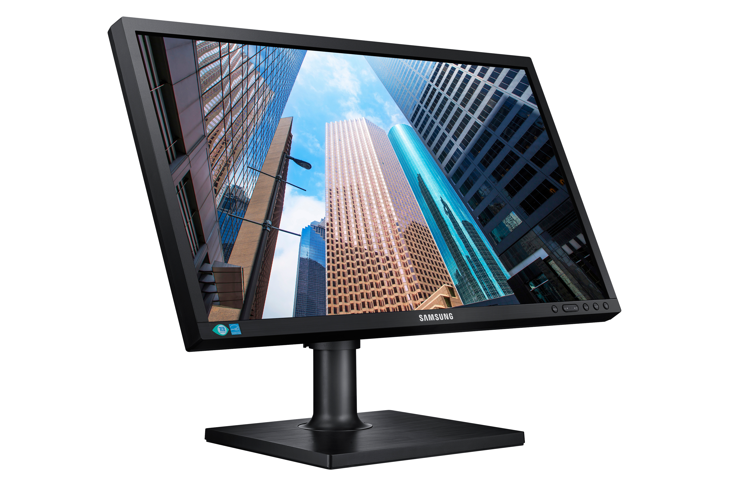 Monitor del computer angolato, che mostra uno skyline cittadino ed edifici sotto un cielo blu.
