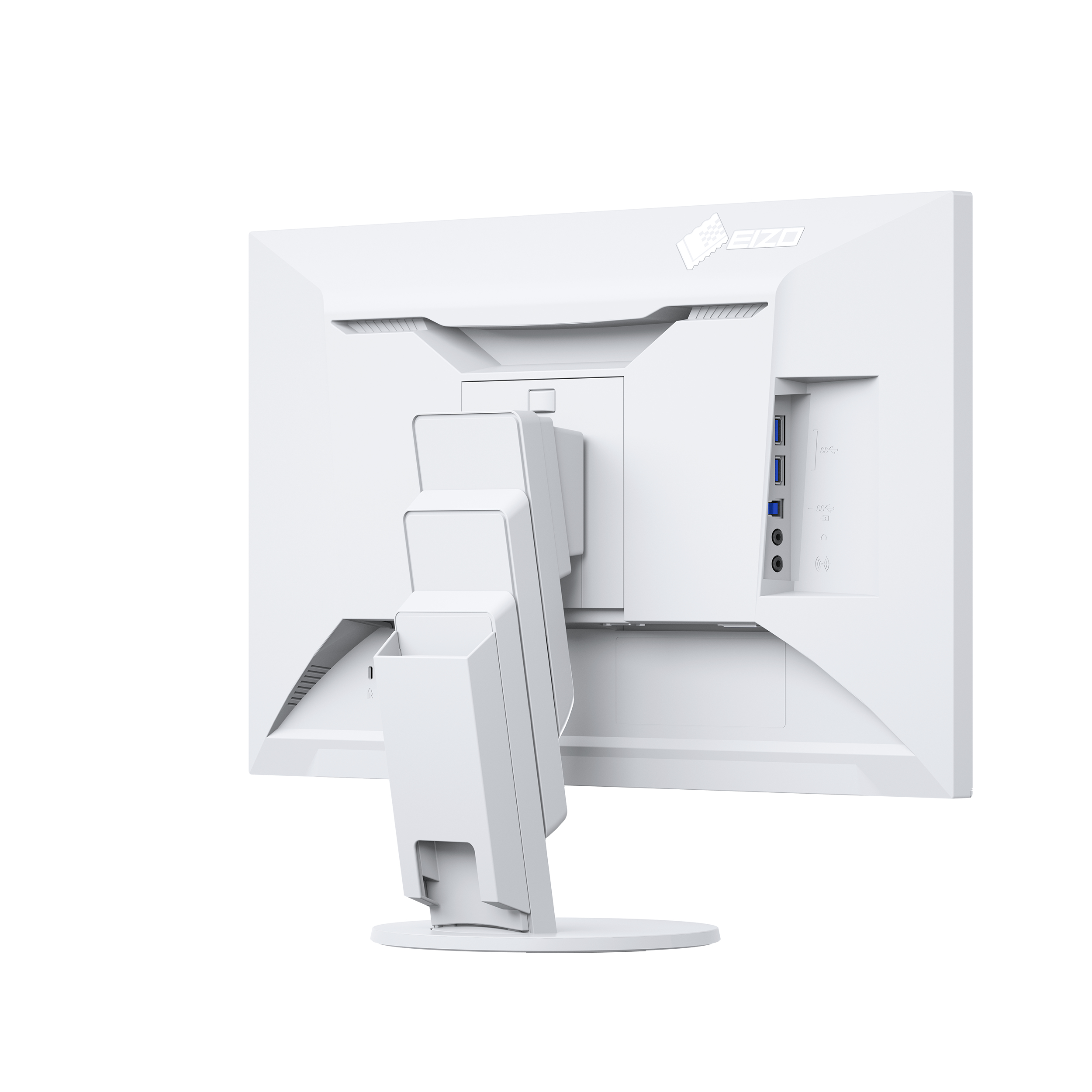 Rückseite eines weißen Monitors mit Standfuß. Zeigt Anschlüsse und das EIZO-Logo.