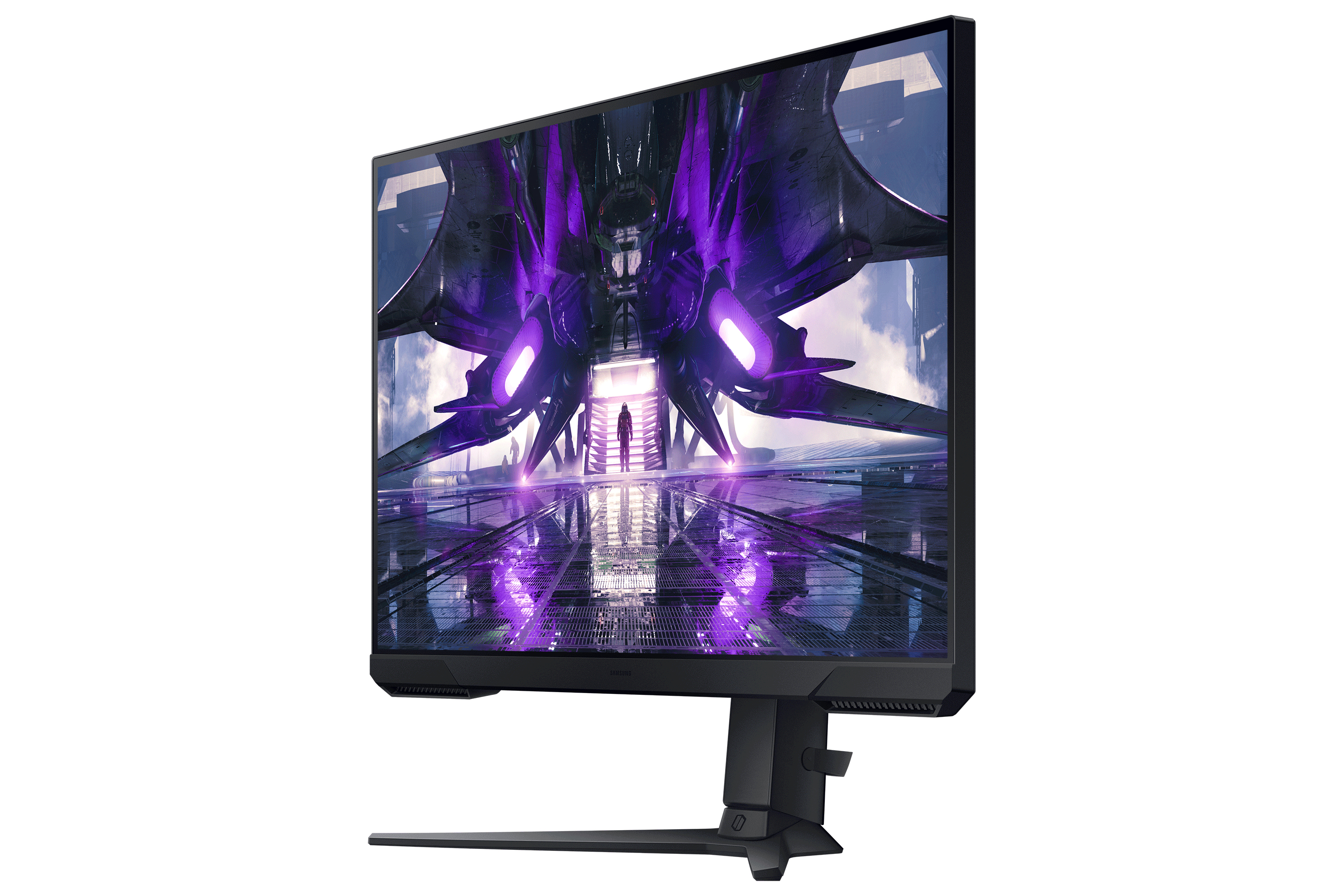 Un monitor curvo, cornice nera con supporto pesante. Viene visualizzata un'interfaccia di gioco. Sfondo bianco.
