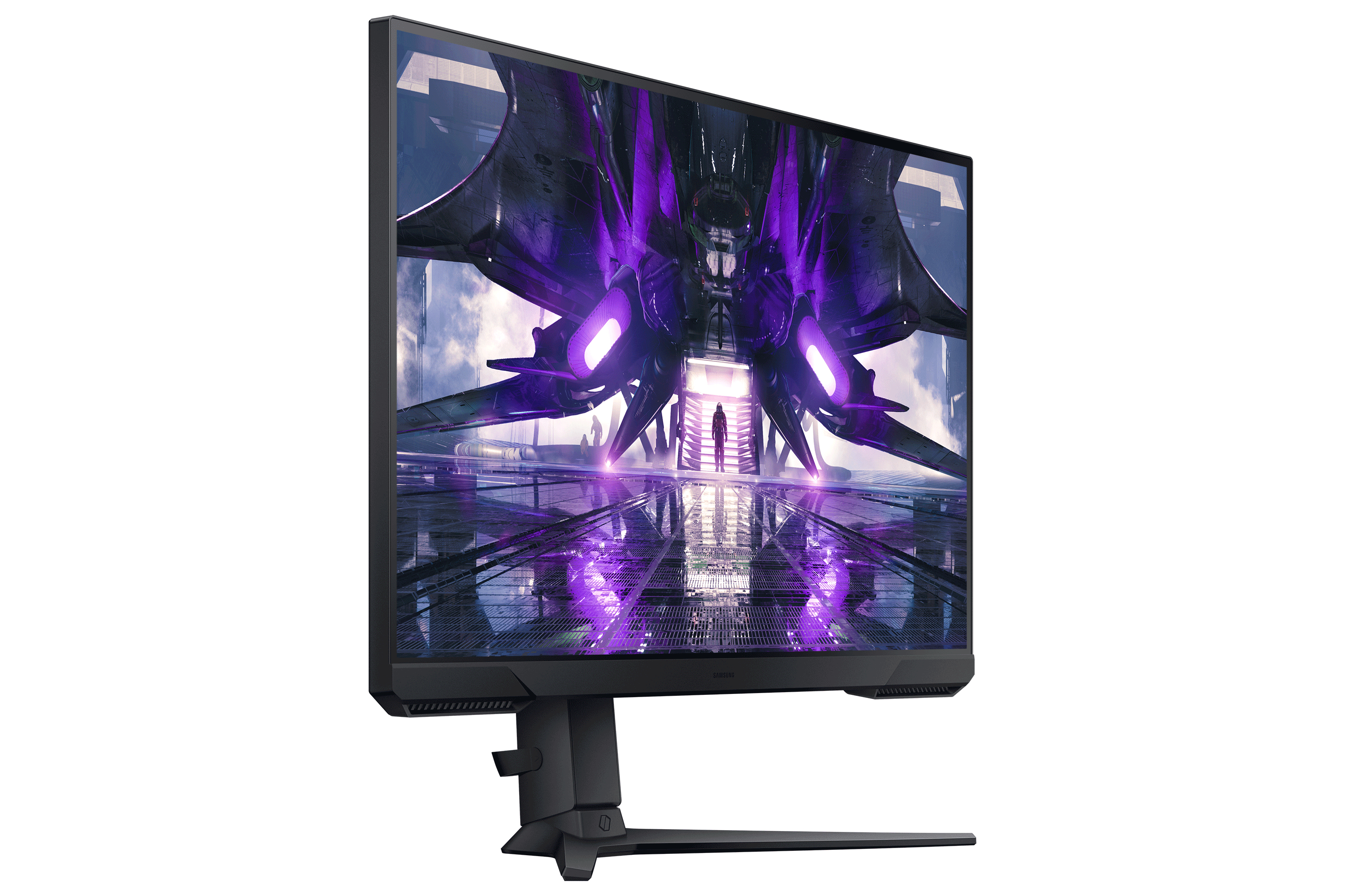 Monitor da gioco che mostra una scena futuristica con luci viola.