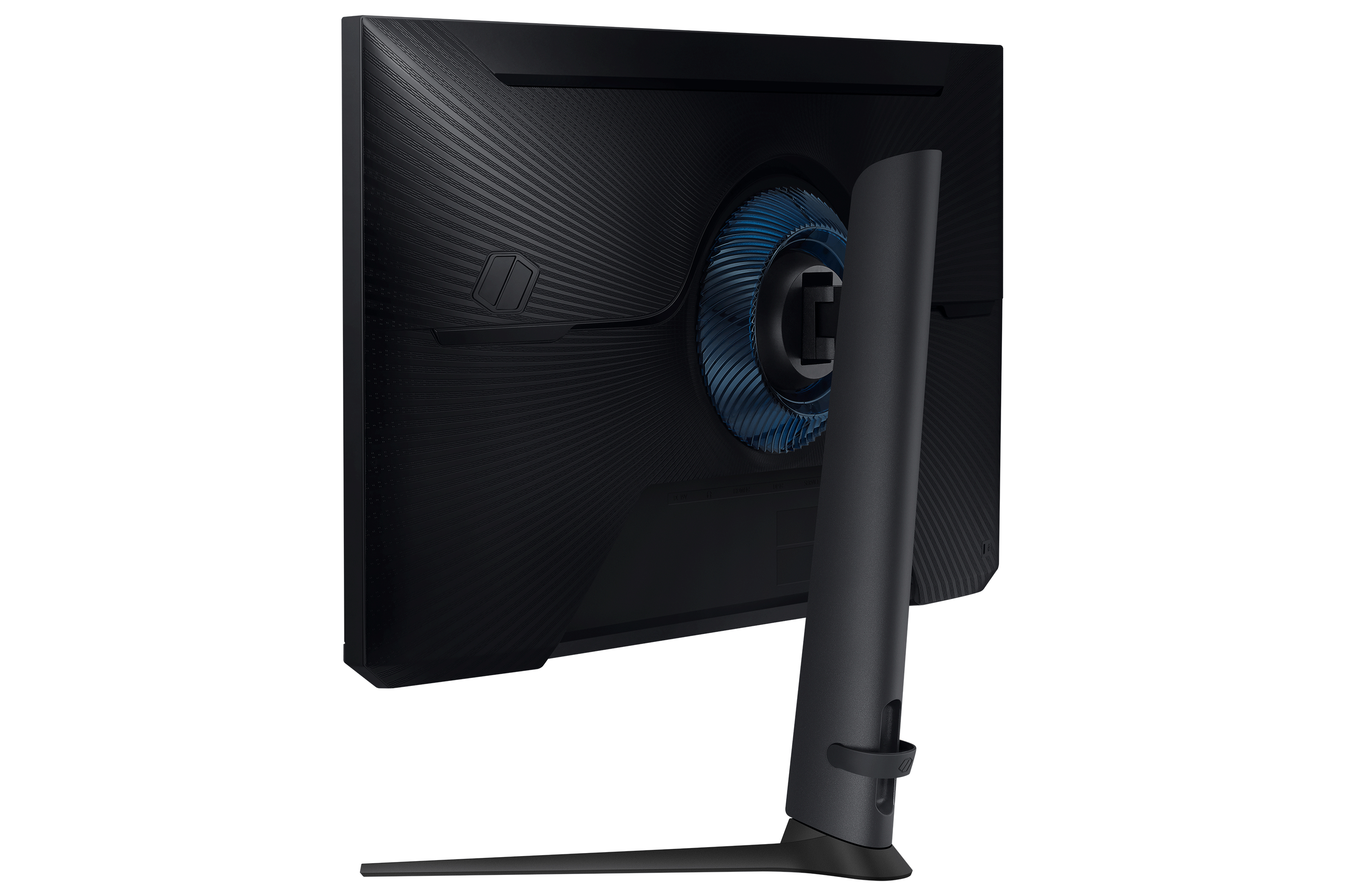 Il retro di un monitor curvo Samsung. È nero con un supporto.
