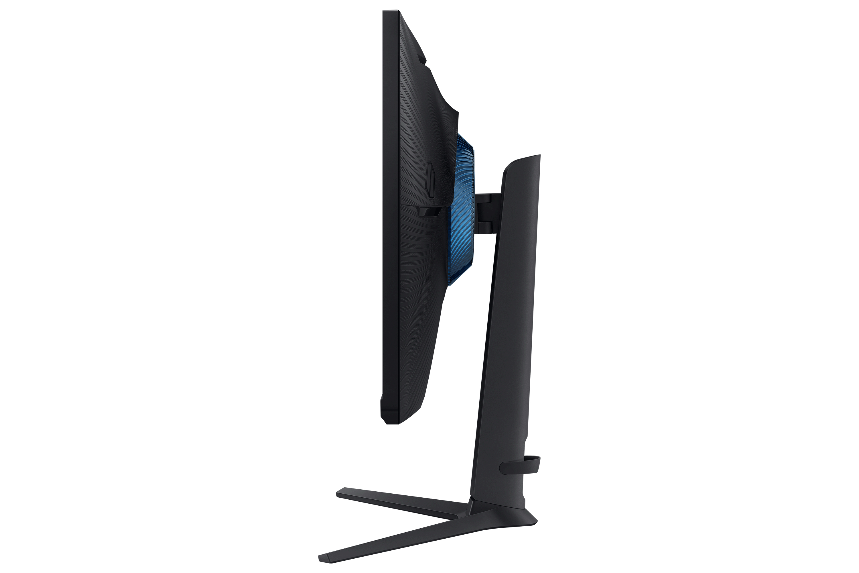 Vista laterale di un monitor di computer nero con un design blu sul retro.