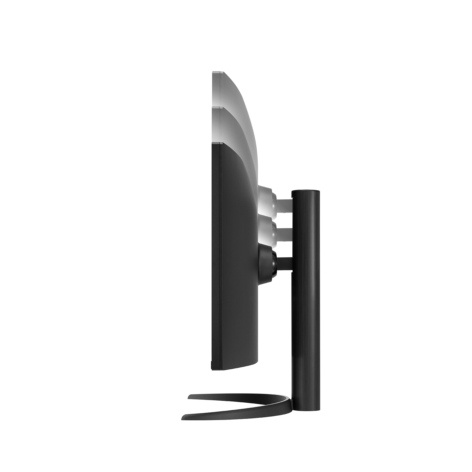 Widok z boku czarnego monitora LG, pokazujący ekran i podstawę. Monitor stoi na białej powierzchni.