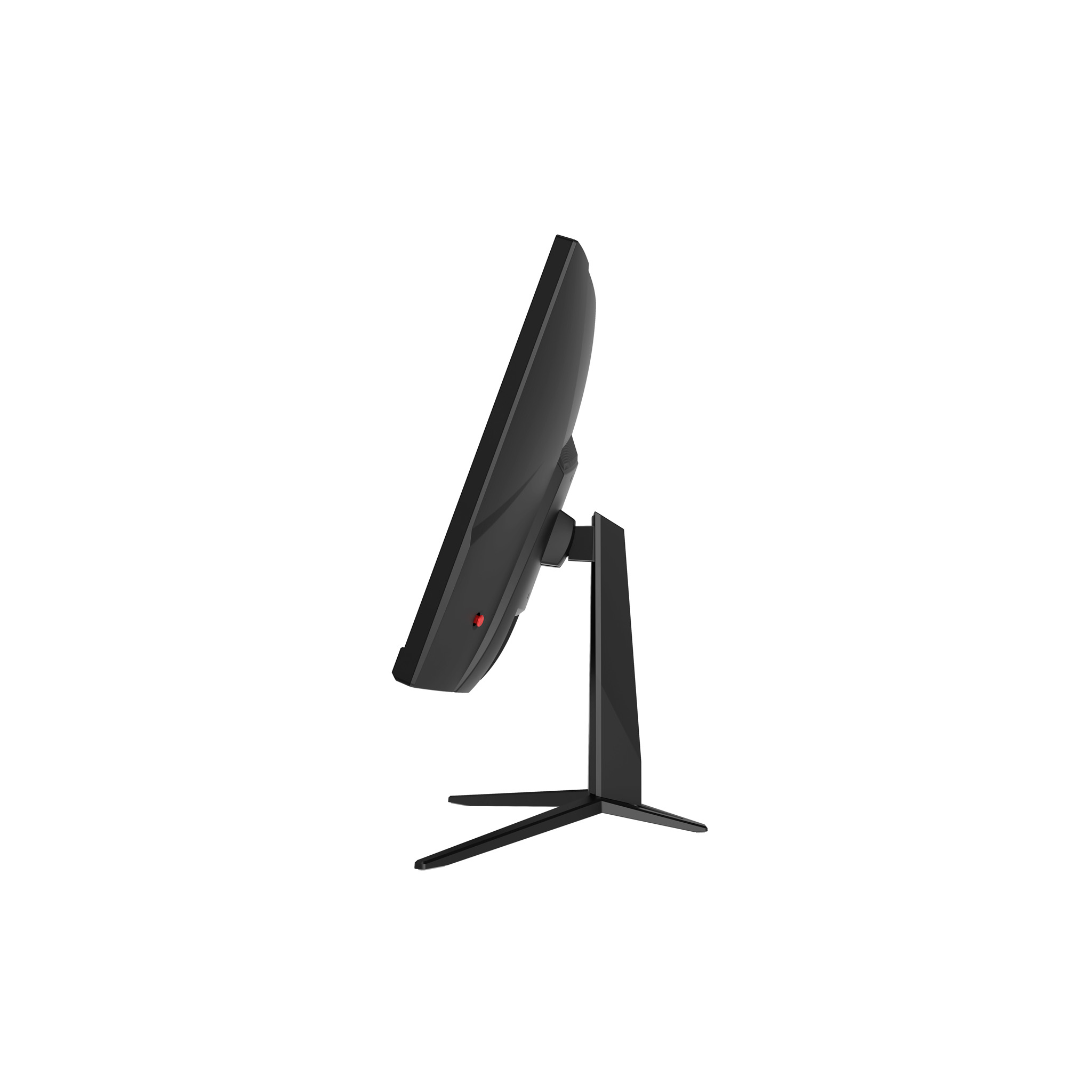 Widok z boku czarnego monitora z czarną podstawą na białej powierzchni.