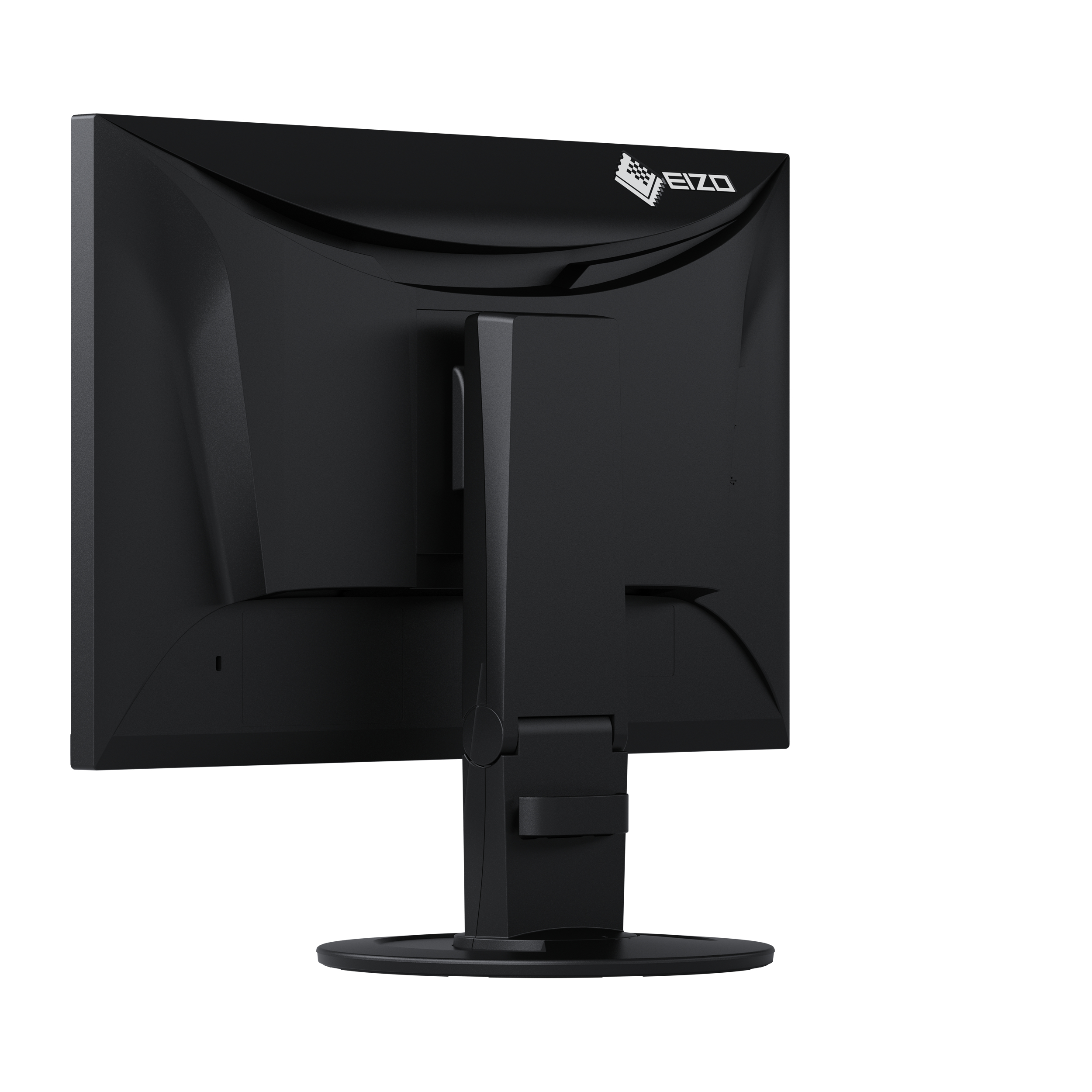 Rückansicht eines schwarzen Monitors mit EIZO-Logo. Der Ständer ist am Monitor befestigt.