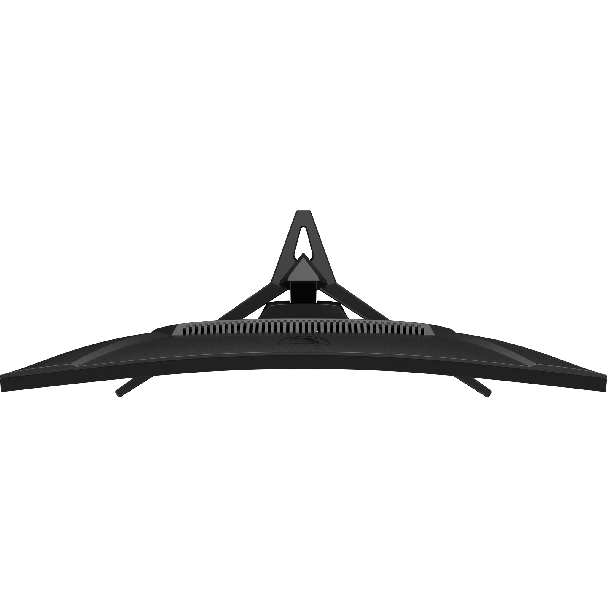 Zakrzywiony monitor, widok z góry, czarna ramka, widoczny stojak, białe tło.