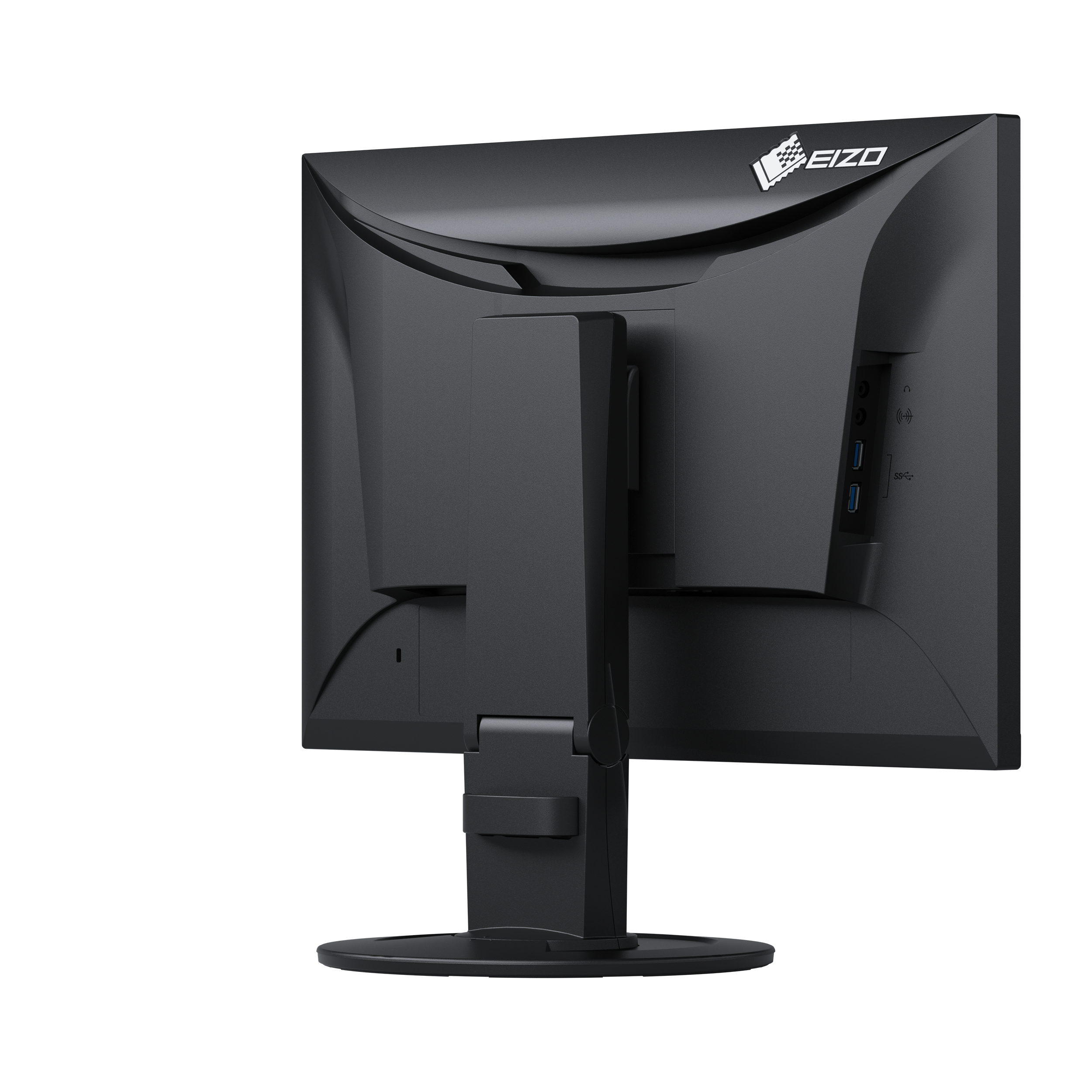 Rückansicht eines schwarzen EIZO-Monitors mit Ständer, Anschlüssen und Logo auf weißem Hintergrund.