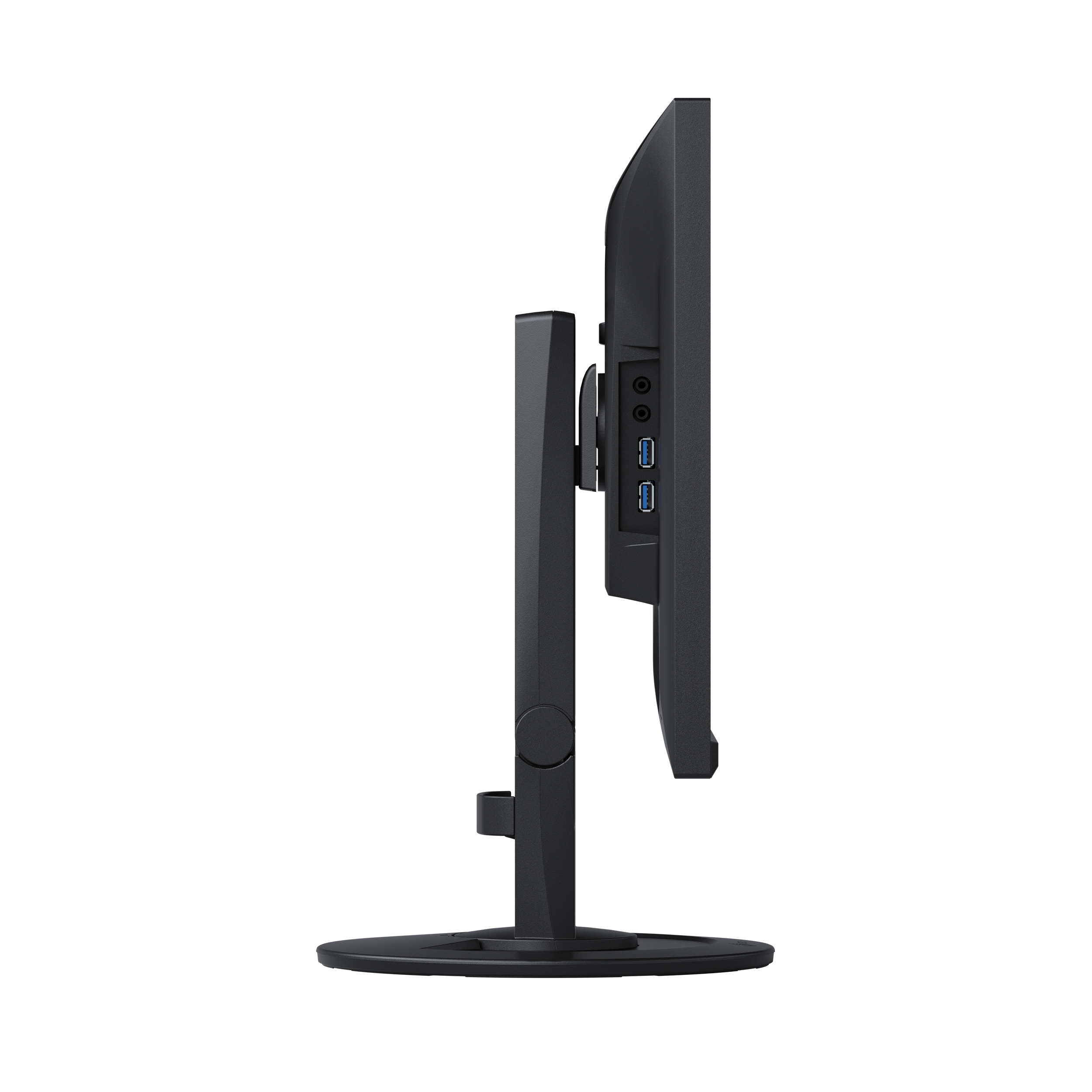 Seitenansicht eines schwarzen Monitors auf einem schwarzen Ständer. Der Monitor hat zwei USB-Anschlüsse.
