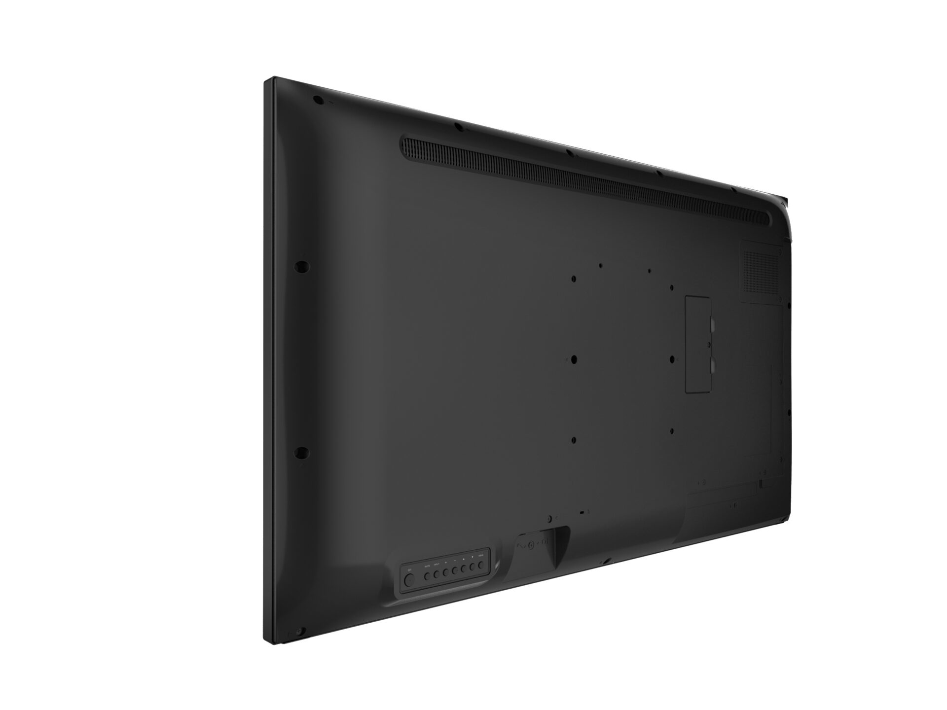 Czarny panel tylny monitora, pokazujący otwory wentylacyjne i porty, na białym tle.