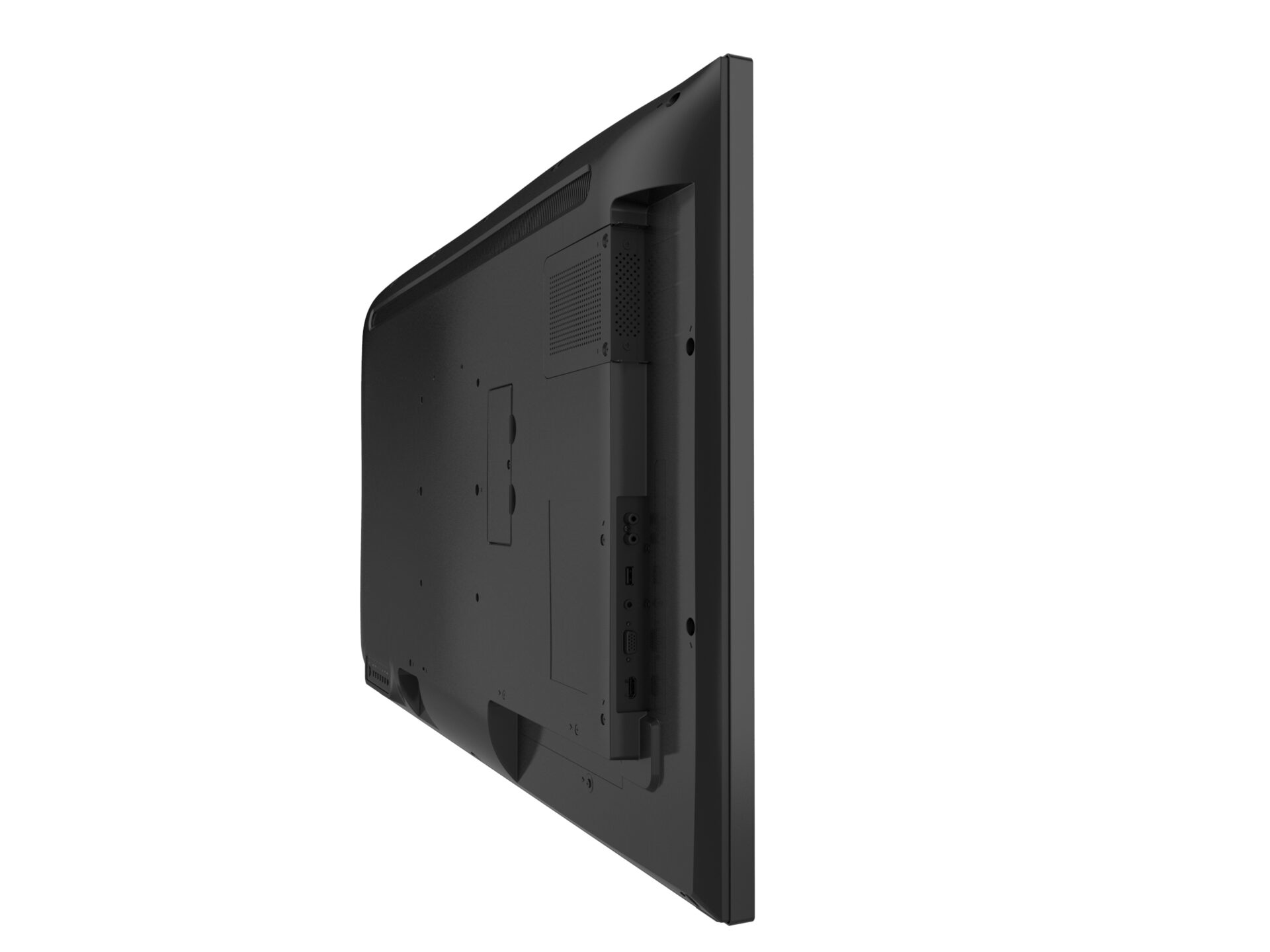 Tył czarnego telewizora. Pokazuje porty. Białe tło.