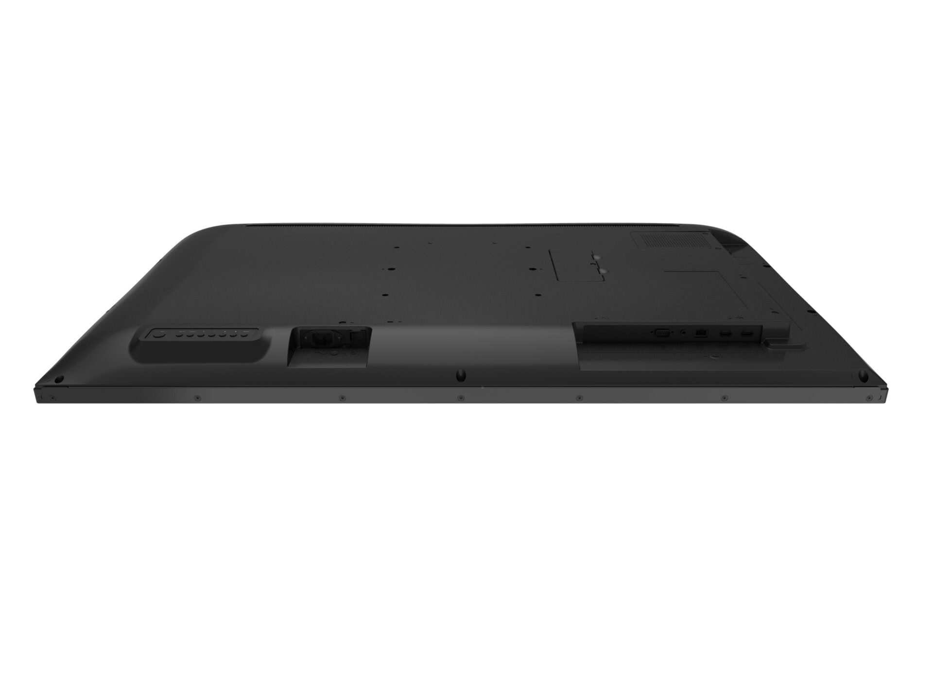Widok od spodu czarnego monitora, pokazujący porty i design, na białym tle.