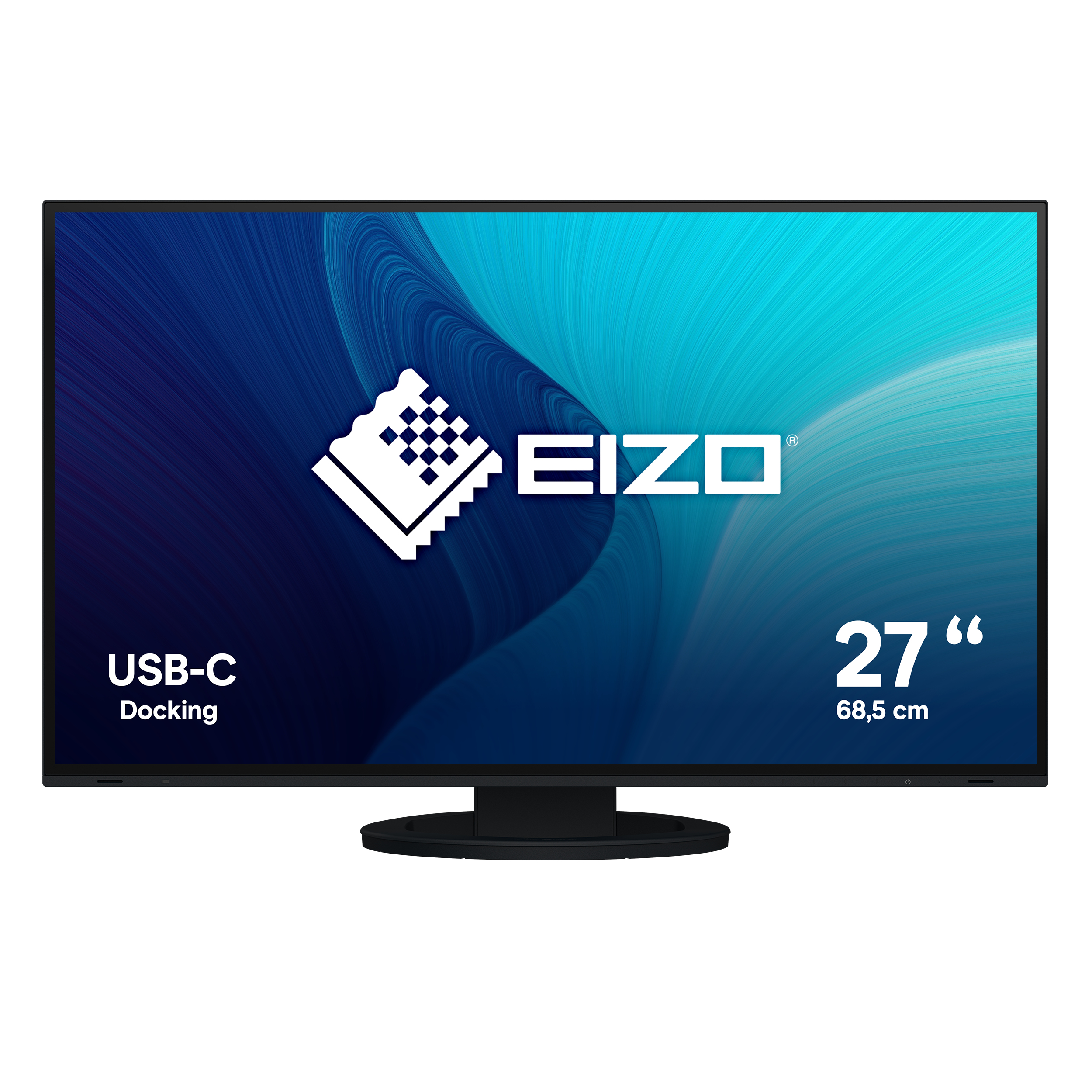Monitor dokujący EIZO 27" USB-C. Niebieskie i turkusowe abstrakcyjne tło. Czarna ramka i podstawa.