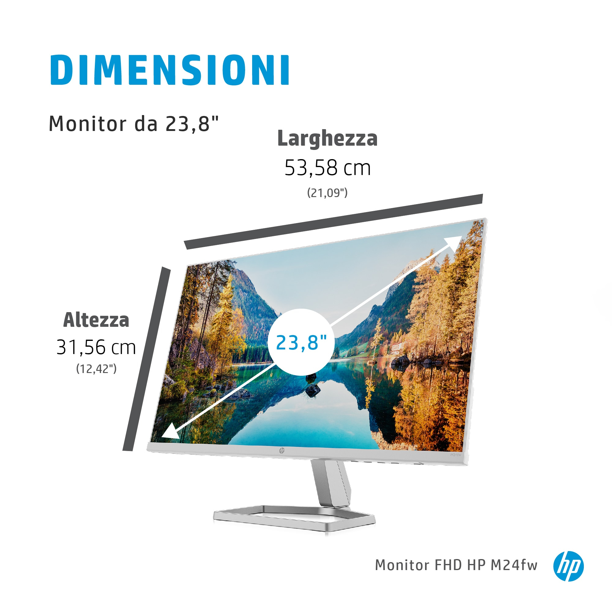 Monitor HP con misure. Mostra le dimensioni del monitor.
