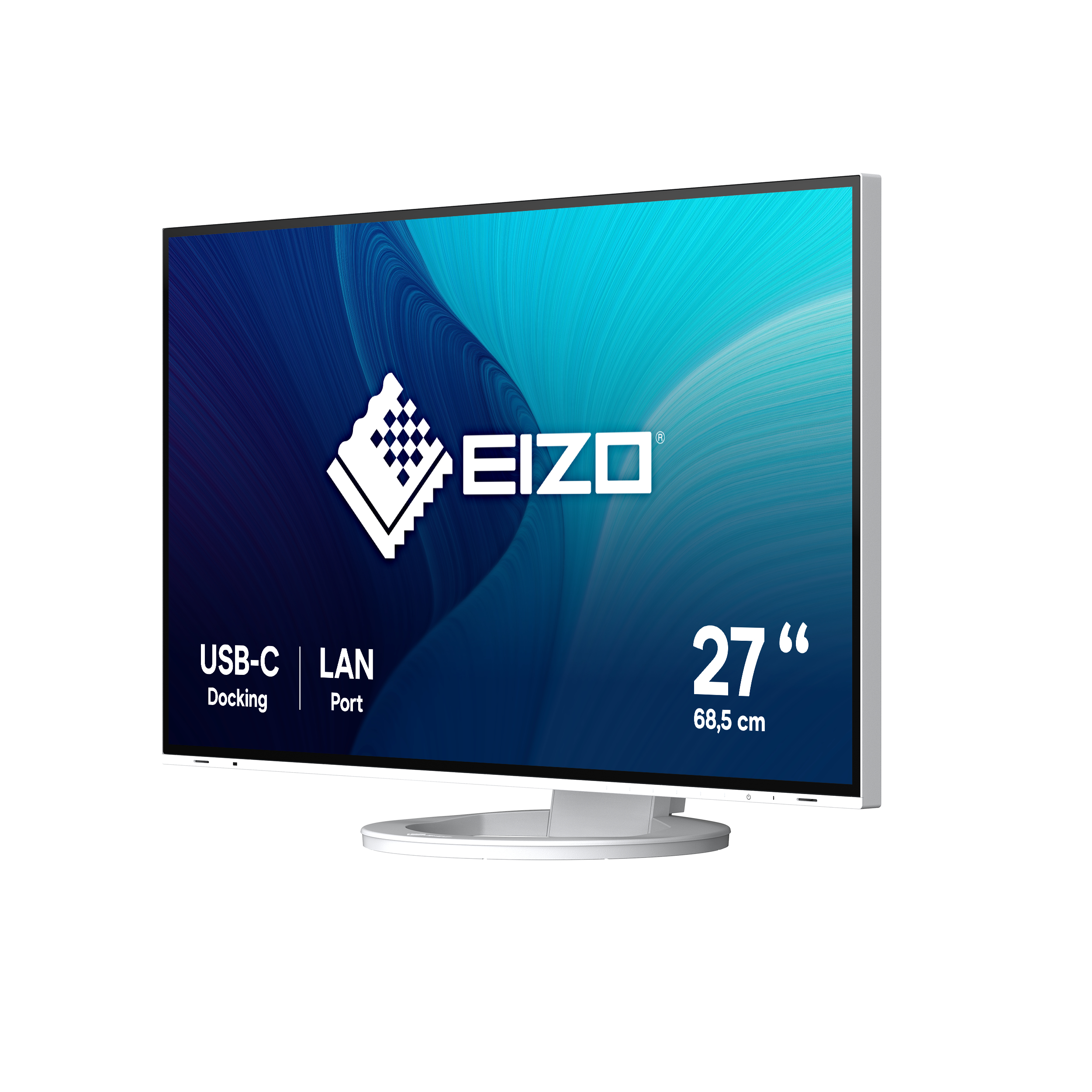 Un monitor Eizo blanco con un gráfico azul y blanco en la pantalla. Muestra puertos USB-C y LAN.