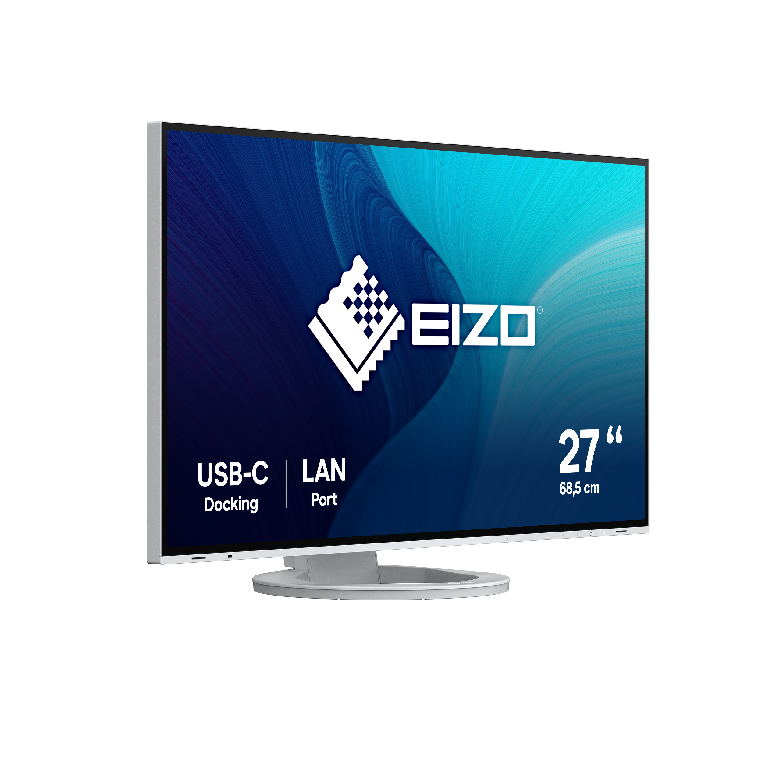 Un monitor con el logotipo de EIZO, USB-C y puertos LAN. Tiene un marco blanco y un soporte gris.