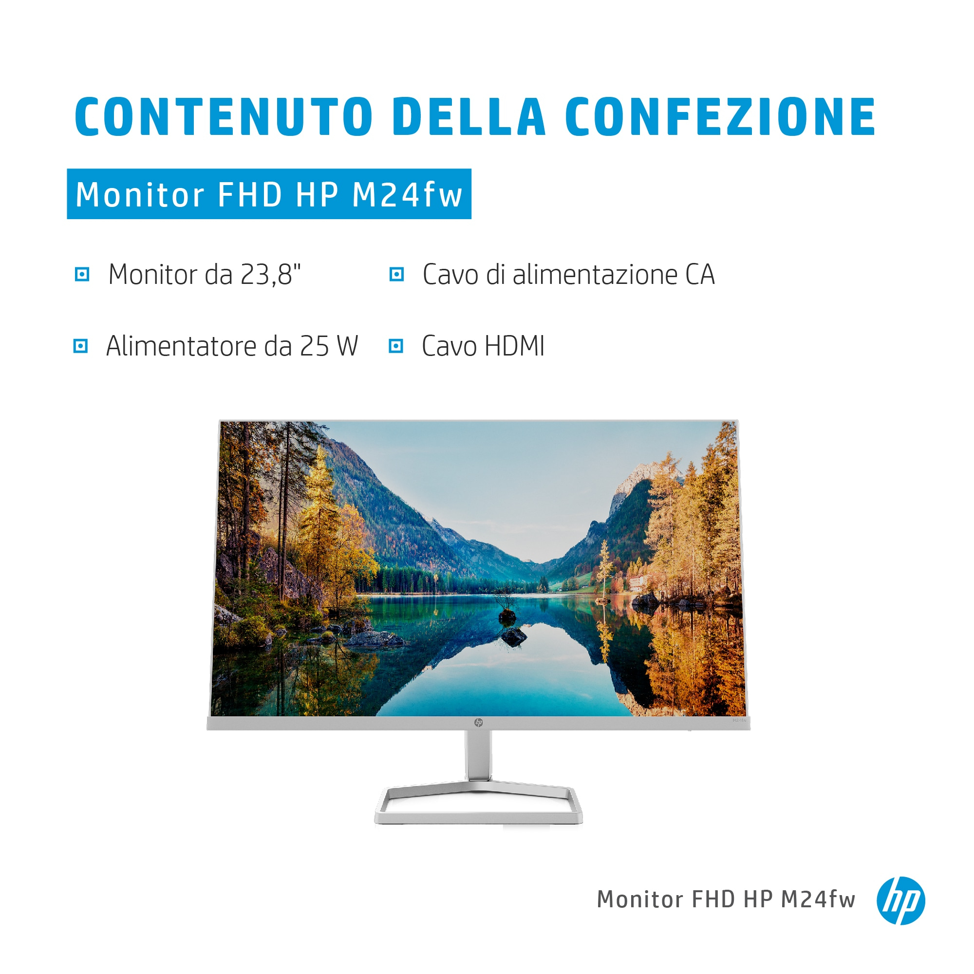 Uno sfondo bianco con testo italiano che descrive il contenuto di un monitor e una foto del monitor.
