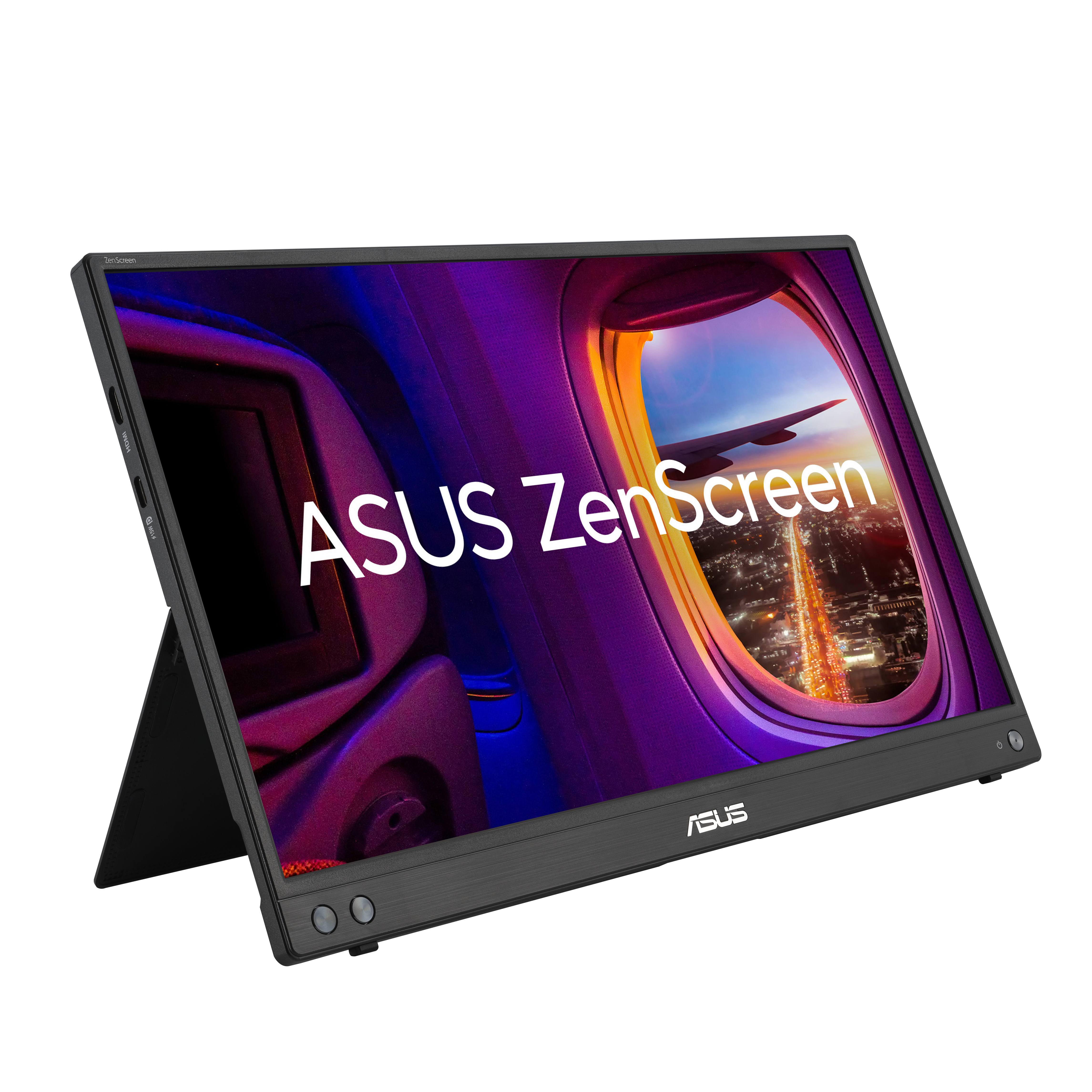 Czarny monitor ASUS ZenScreen, pod kątem i otwarty. Widok z samolotu w tle.
