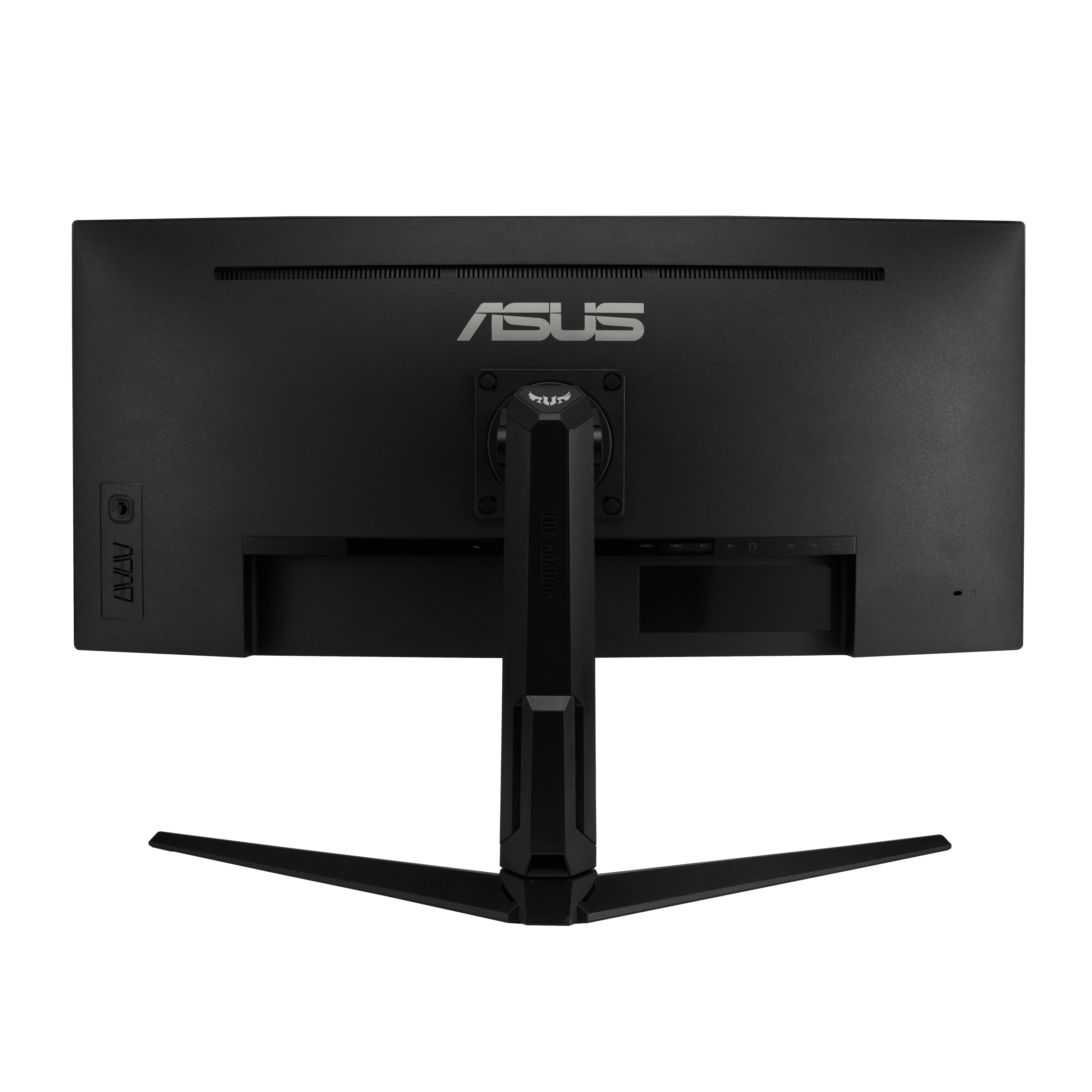 Monitor ASUS negro, vista trasera. Muestra el logotipo de ASUS y el soporte es negro.