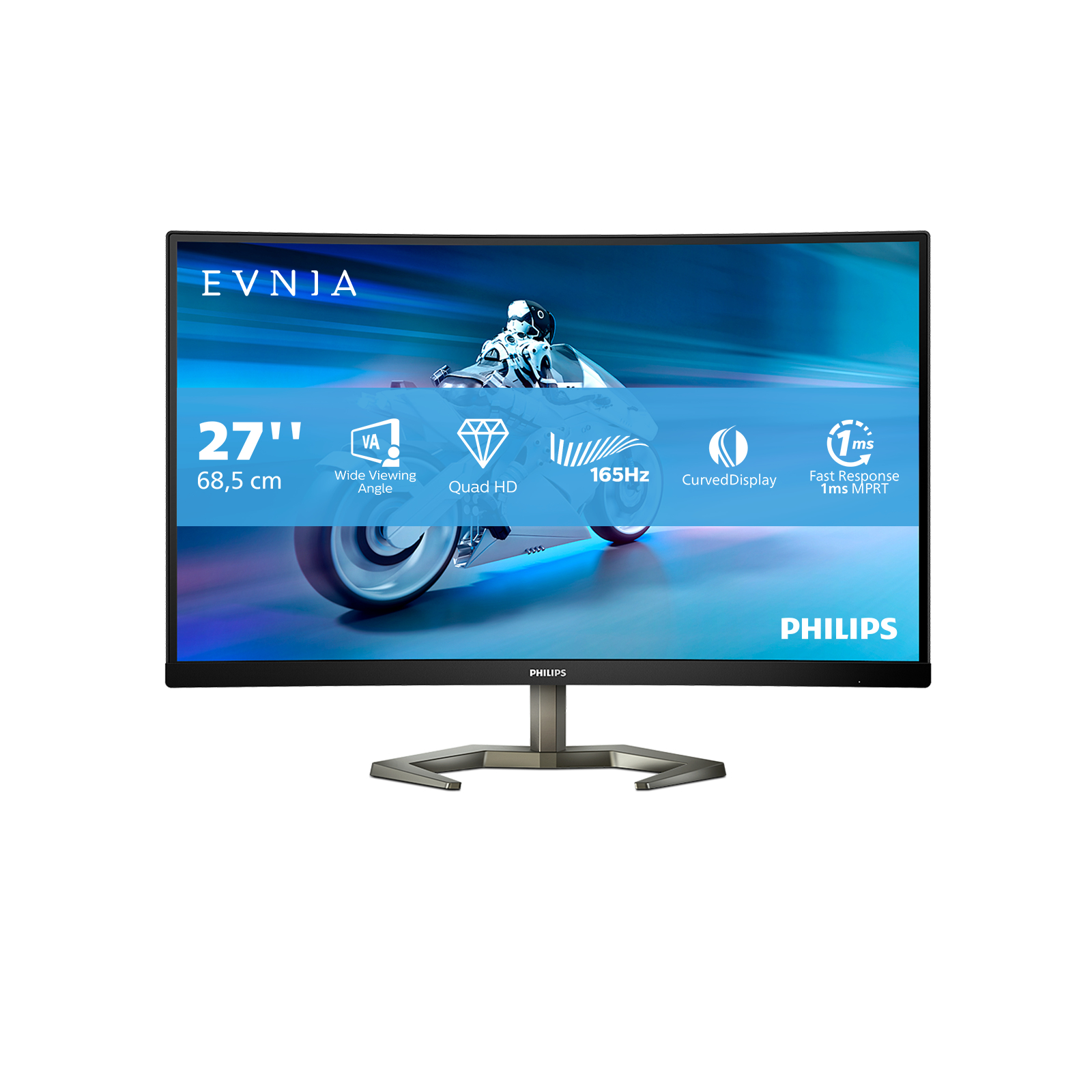 Zakrzywiony, czarny monitor Philips wyświetlający obraz motocykla. Ma specyfikacje 27", Quad HD i 165Hz.