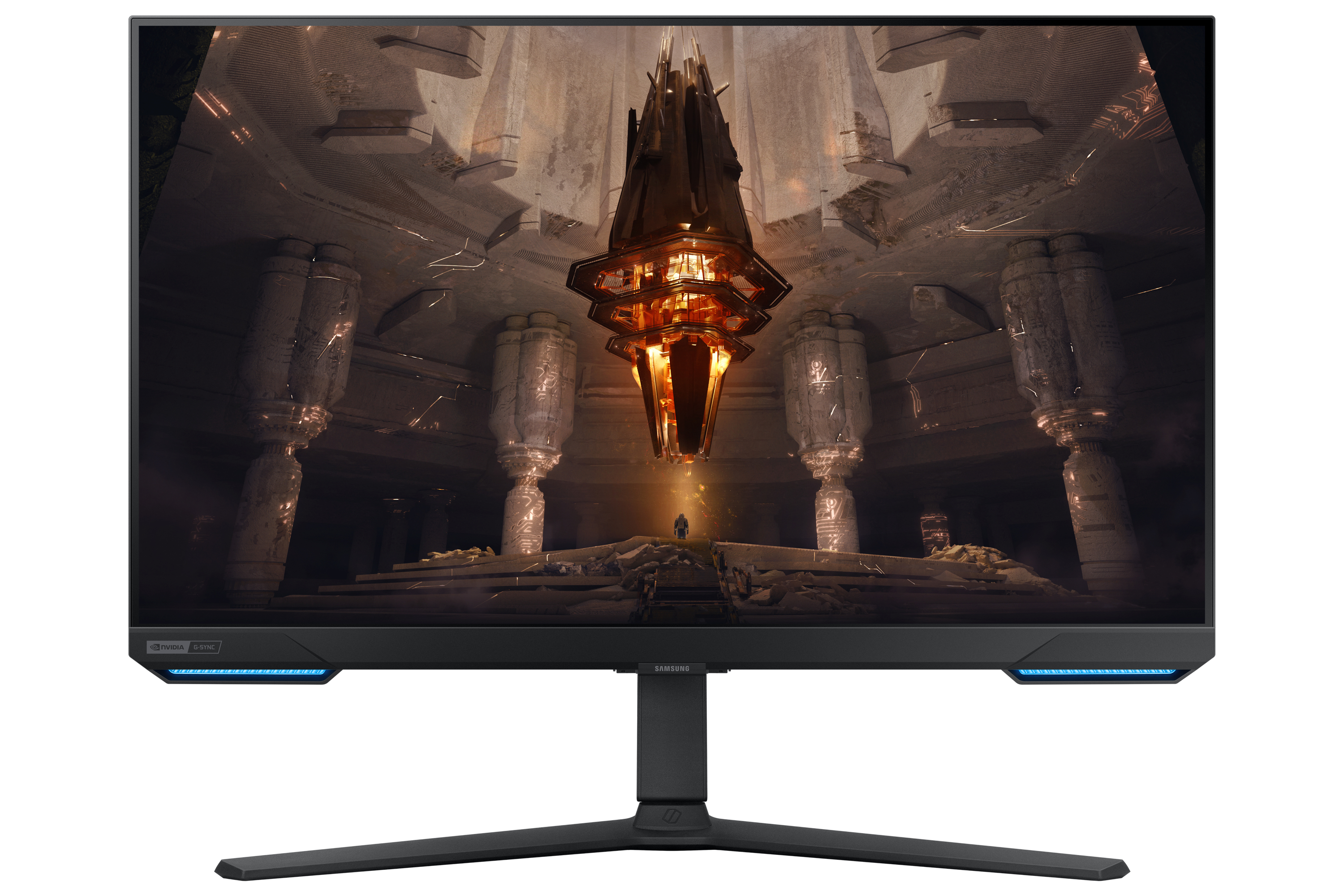 Monitor gaming Samsung, escena de fantasía en pantalla, base negra.