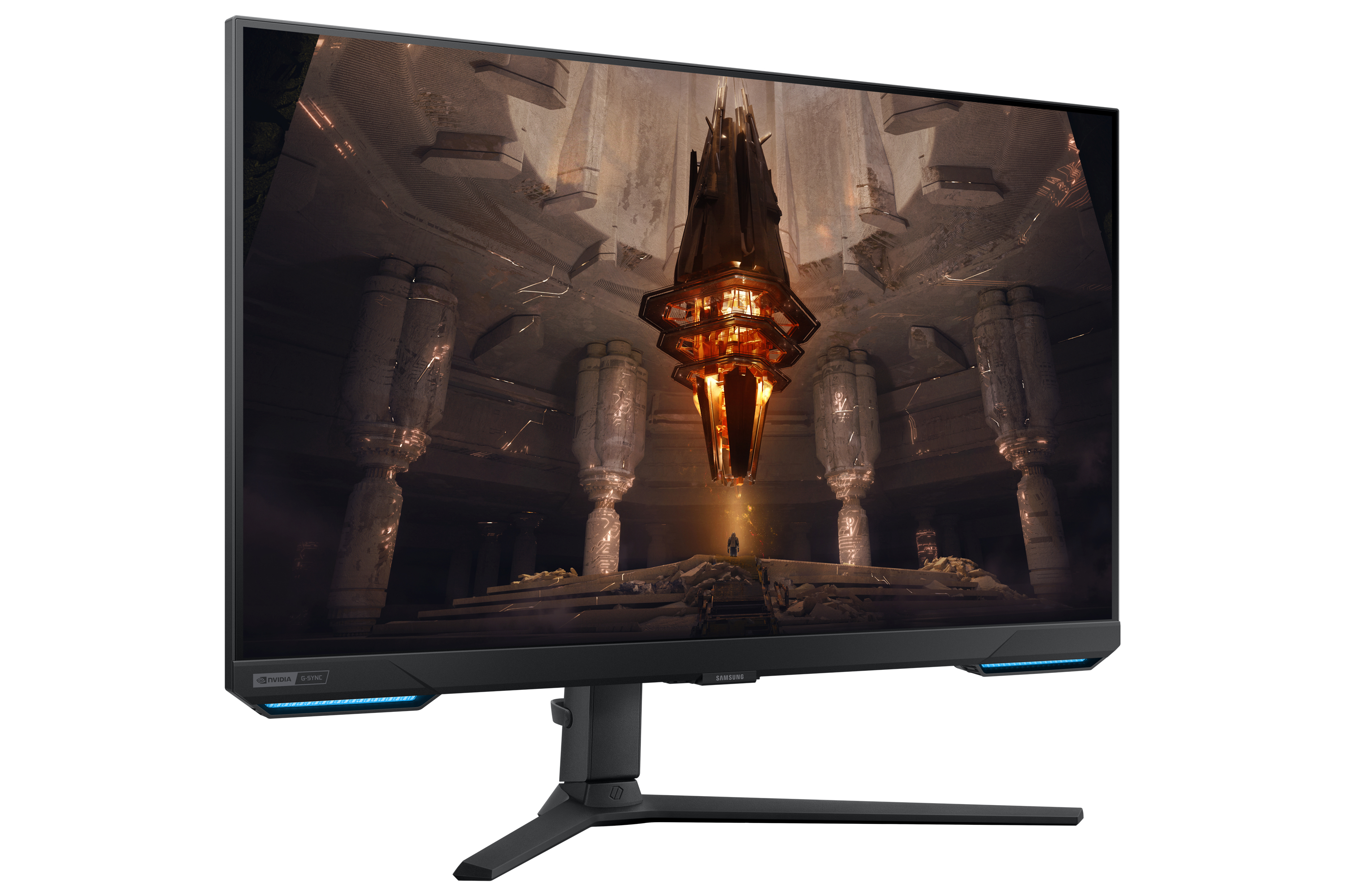 Ein Gaming-Monitor zeigt eine futuristische Innenszene mit einer zentralen Lichtquelle.